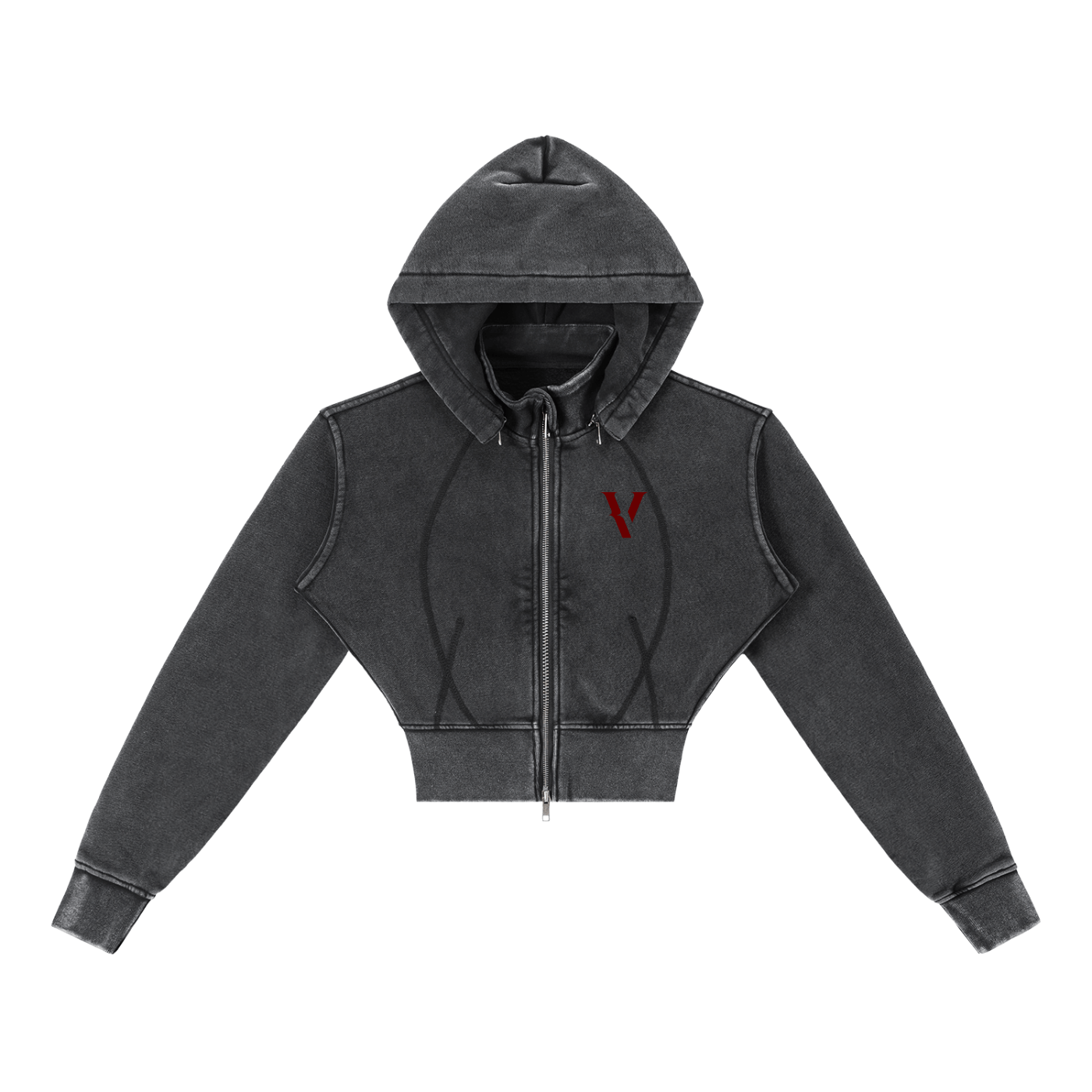 Vintage washed black cropped fleece hoodie with front zipper and red V logo on chest