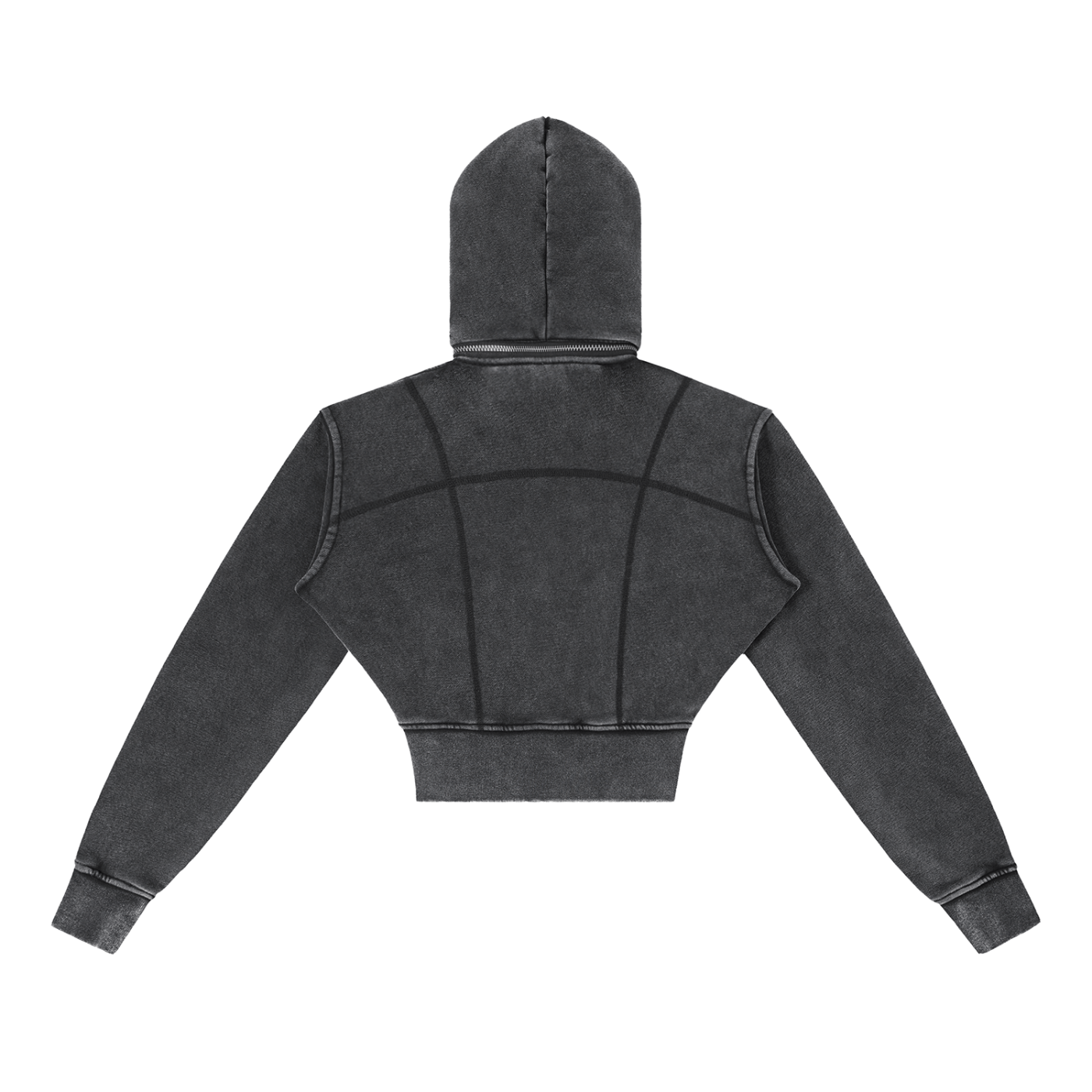 Back view of black vintage washed cropped fleece hoodie with panel seam details