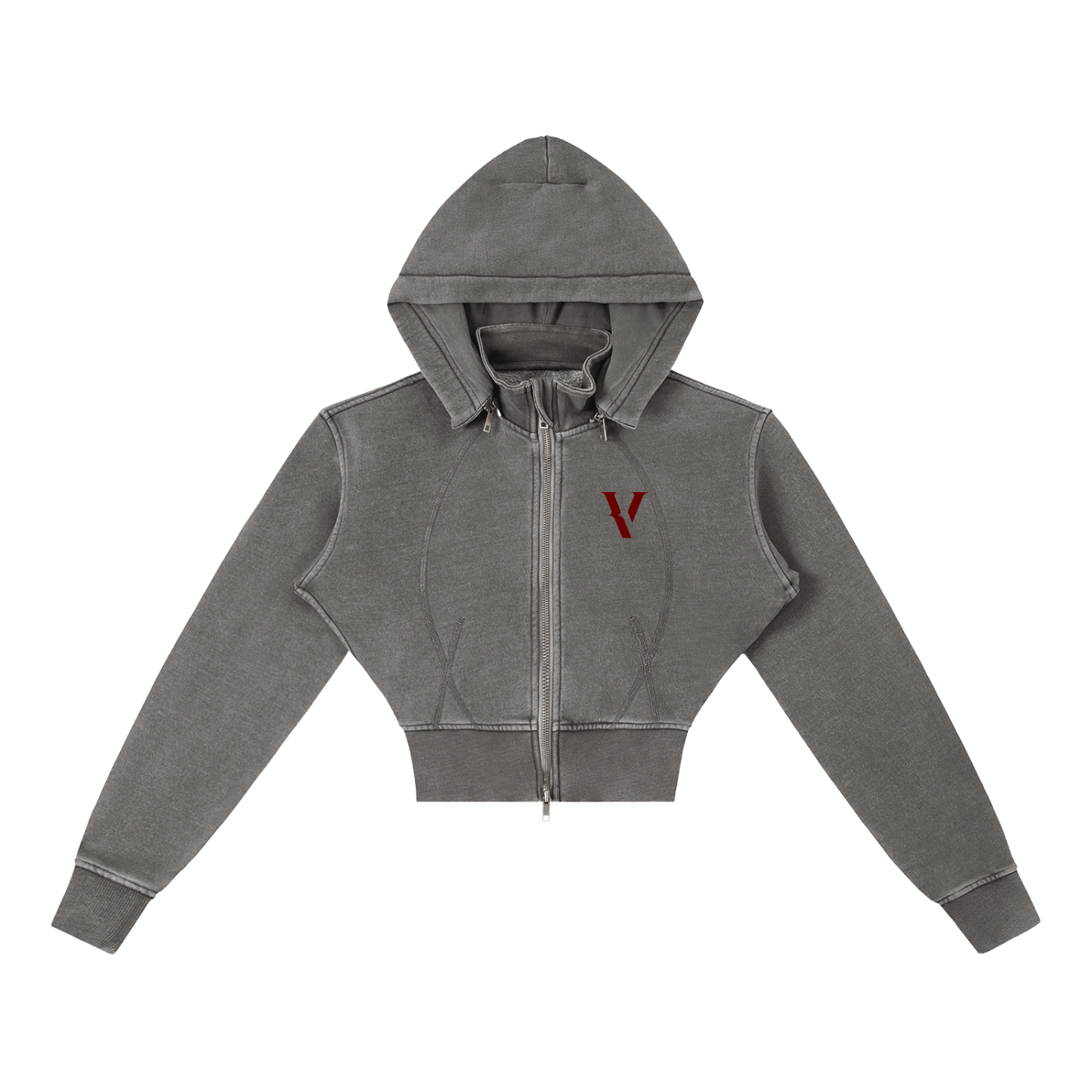 Vintage washed grey cropped fleece hoodie with red V logo and zip front closure