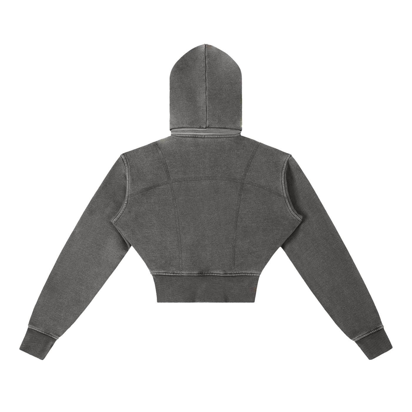 Back view of vintage washed cropped fleece hoodie in dark gray, streetwear style