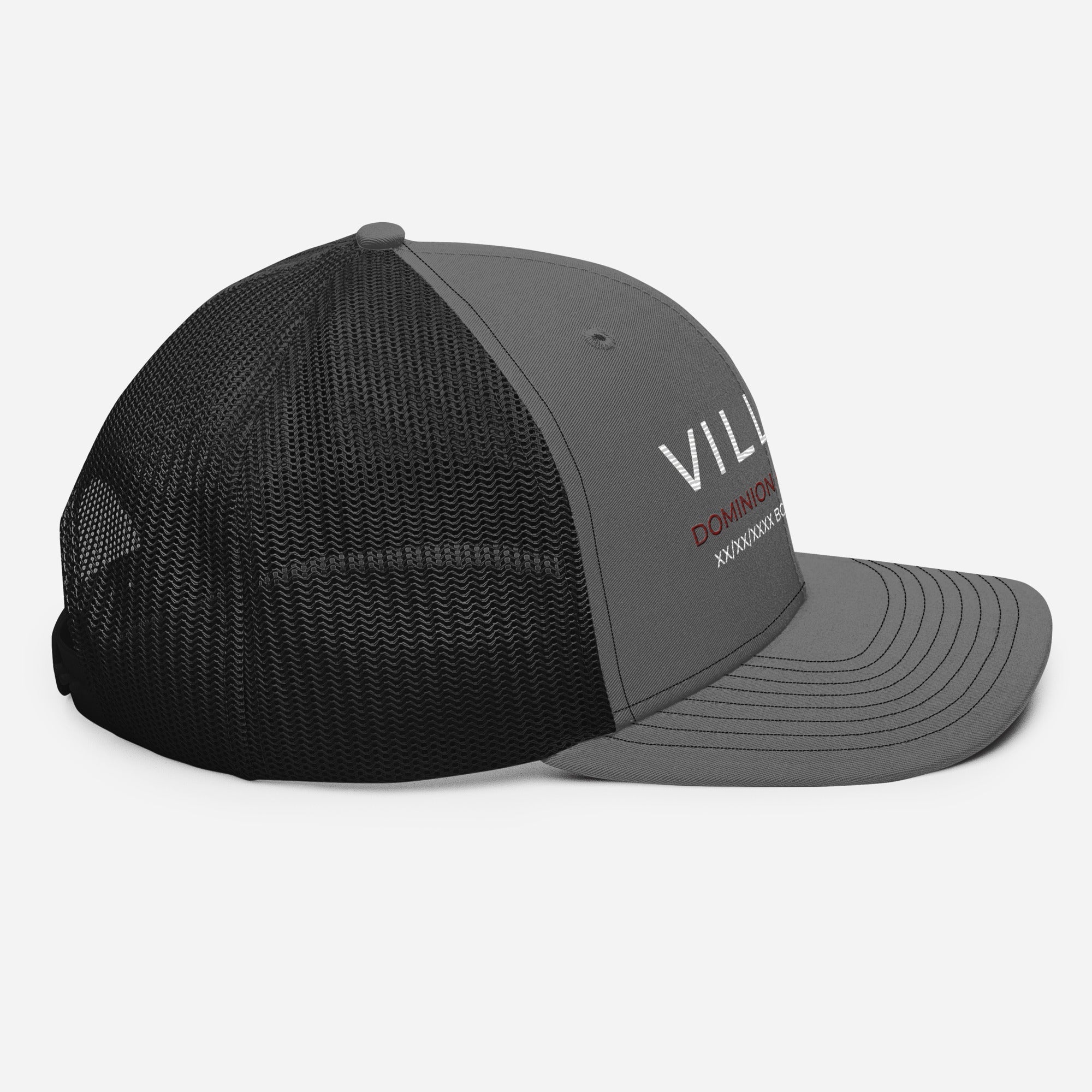 Gray and black trucker cap with mesh back and 'VILLAIN DOMINION' embroidered on the front.
