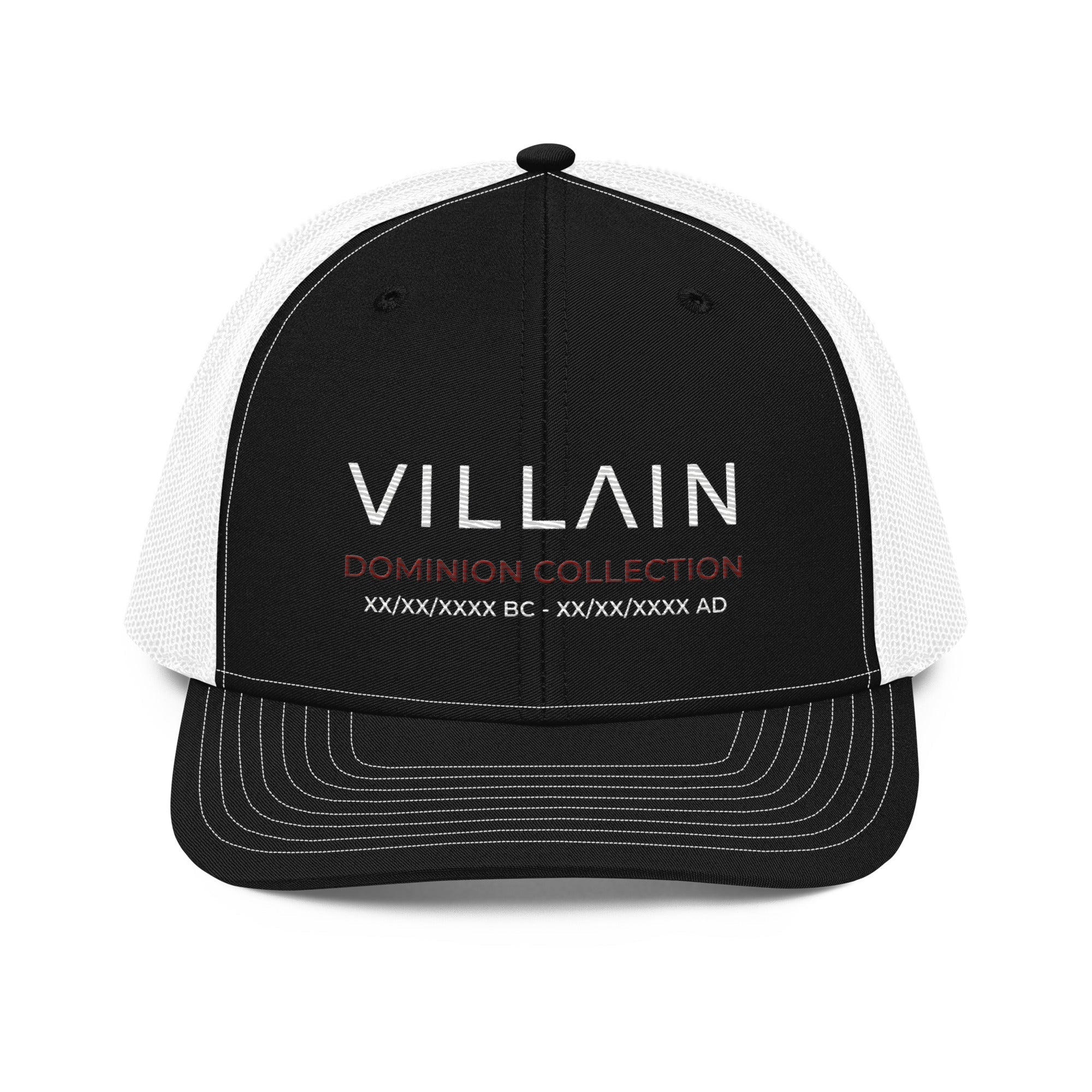 Black and white trucker cap with 'VILLAIN Dominion Collection' text on the front panel.