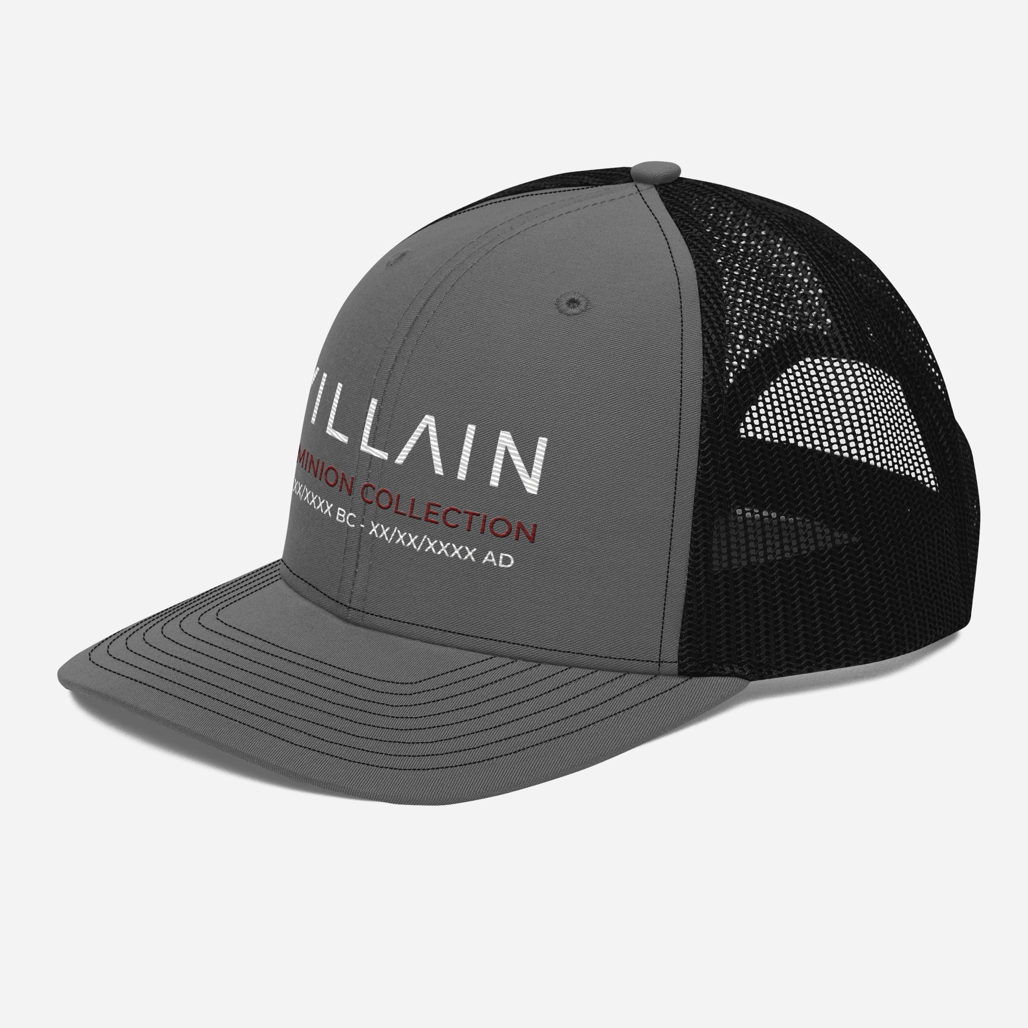 Gray and black trucker cap with 'Villain Dominion Collection' embroidered text on front panel
