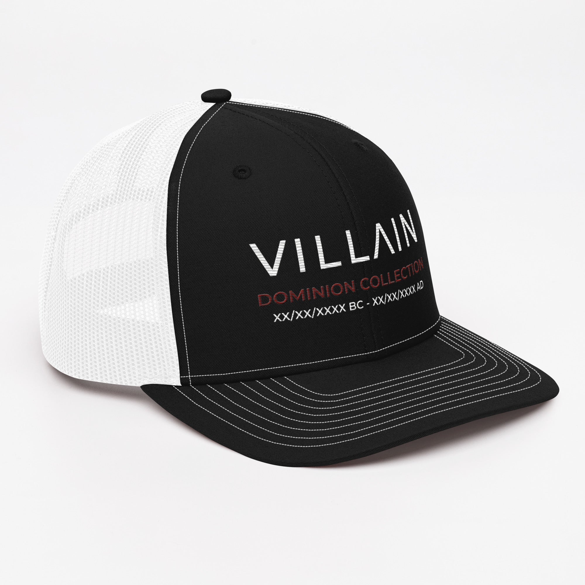 Black and white trucker cap with 'VILLAIN Dominion Collection' embroidered on front.