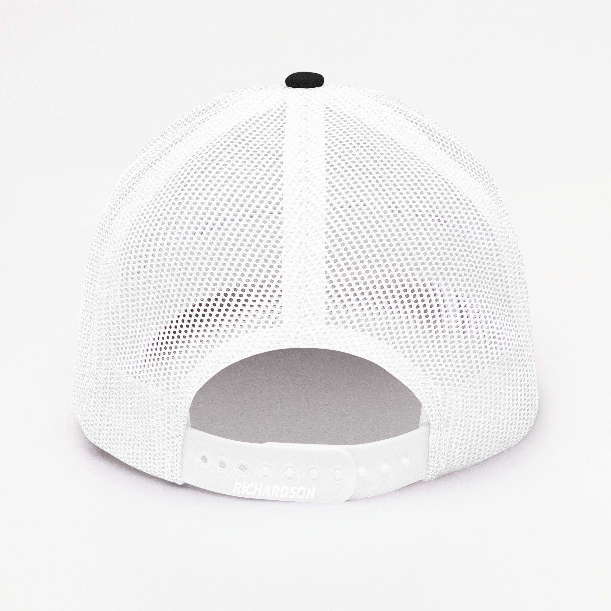 Back view of a white mesh trucker cap with adjustable snap closure