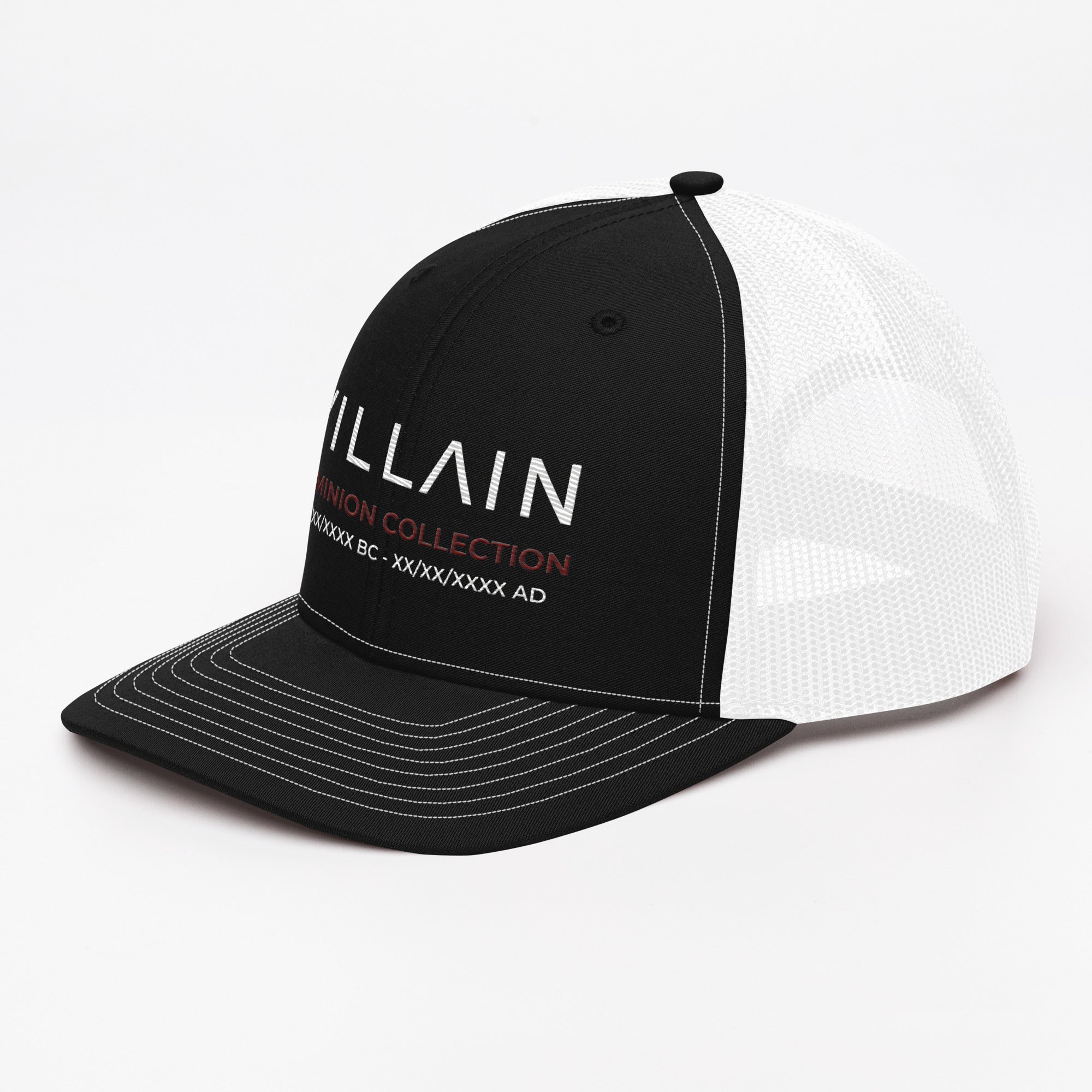 Black and white trucker cap with 'Villain Dominion Collection' embroidered on front panel