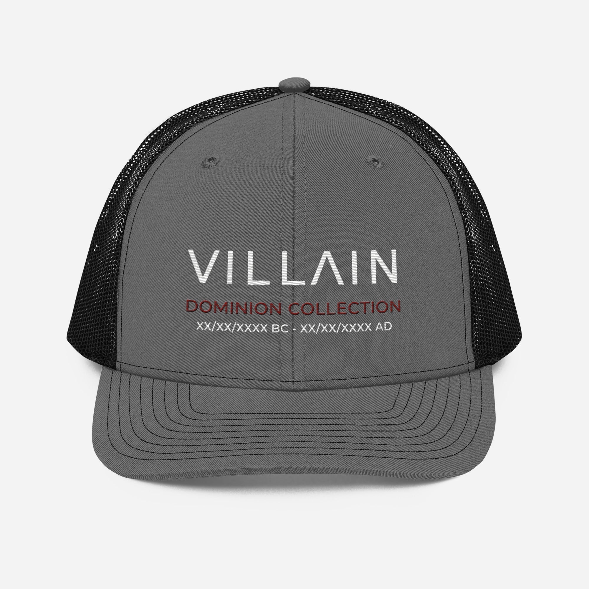 Gray trucker cap with black mesh, embroidered text reading VILLAIN Dominion Collection on front