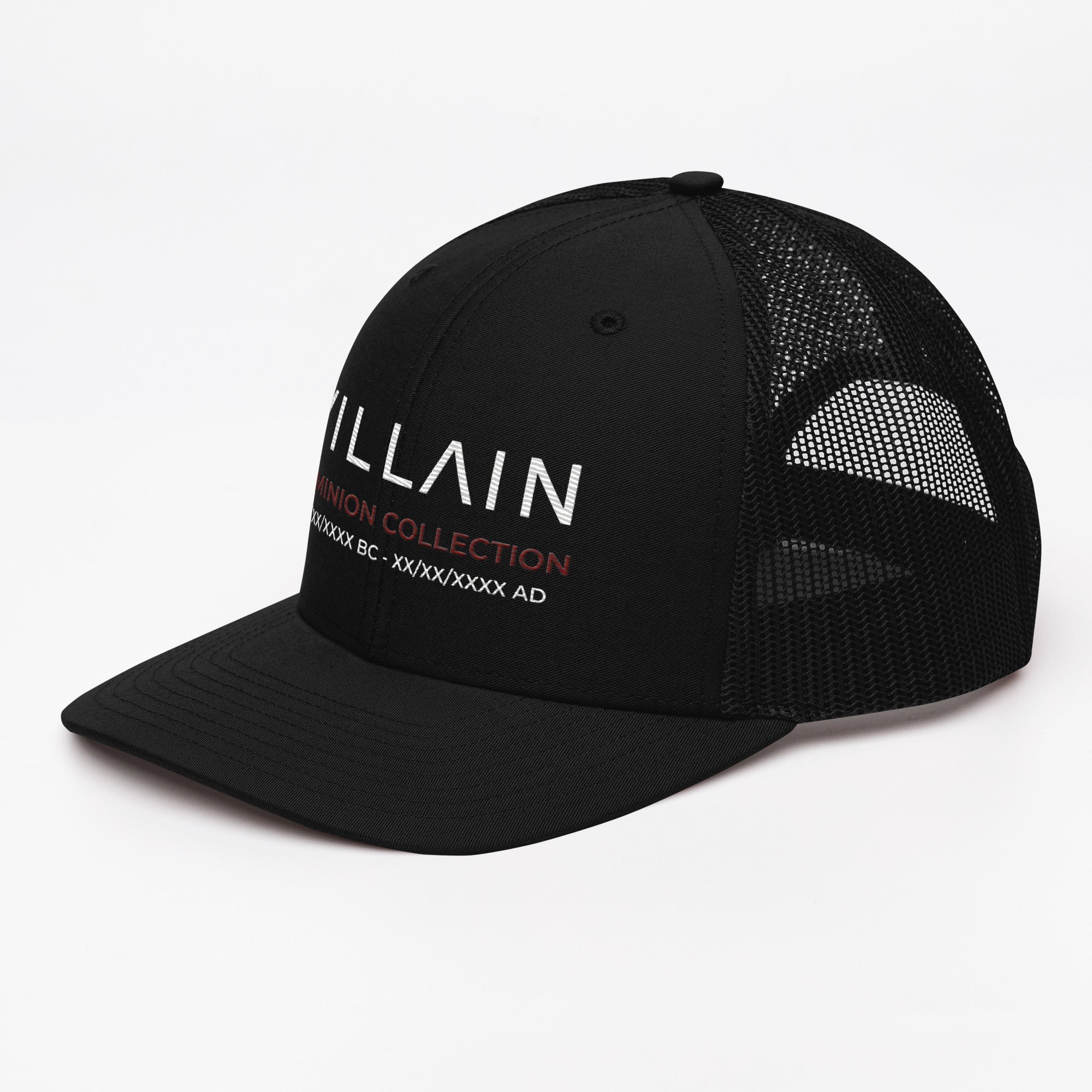 Black trucker cap with mesh back and 'Villain Dominion Collection' embroidered on front