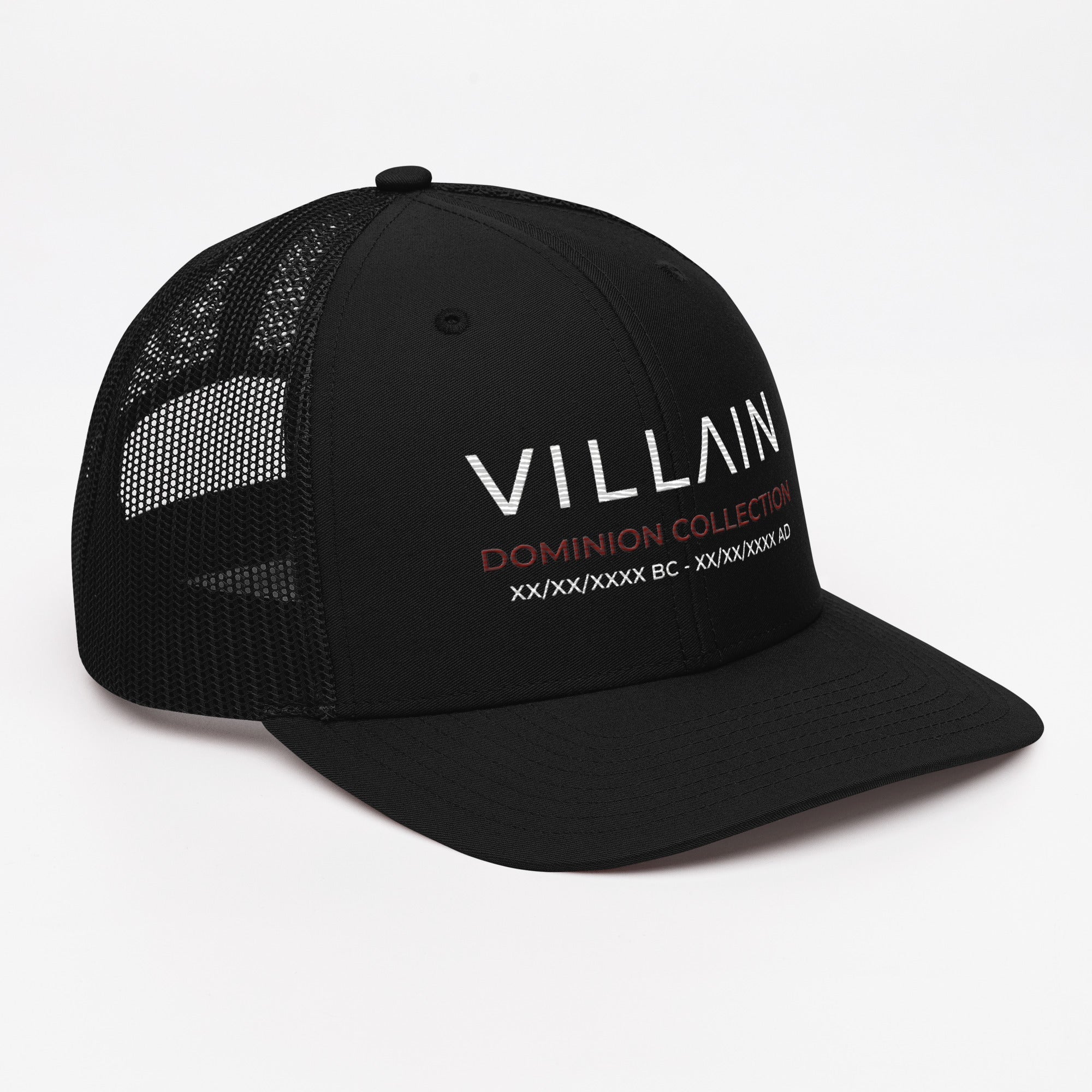 Black mesh trucker cap with VILLAIN Dominion Collection embroidered on the front