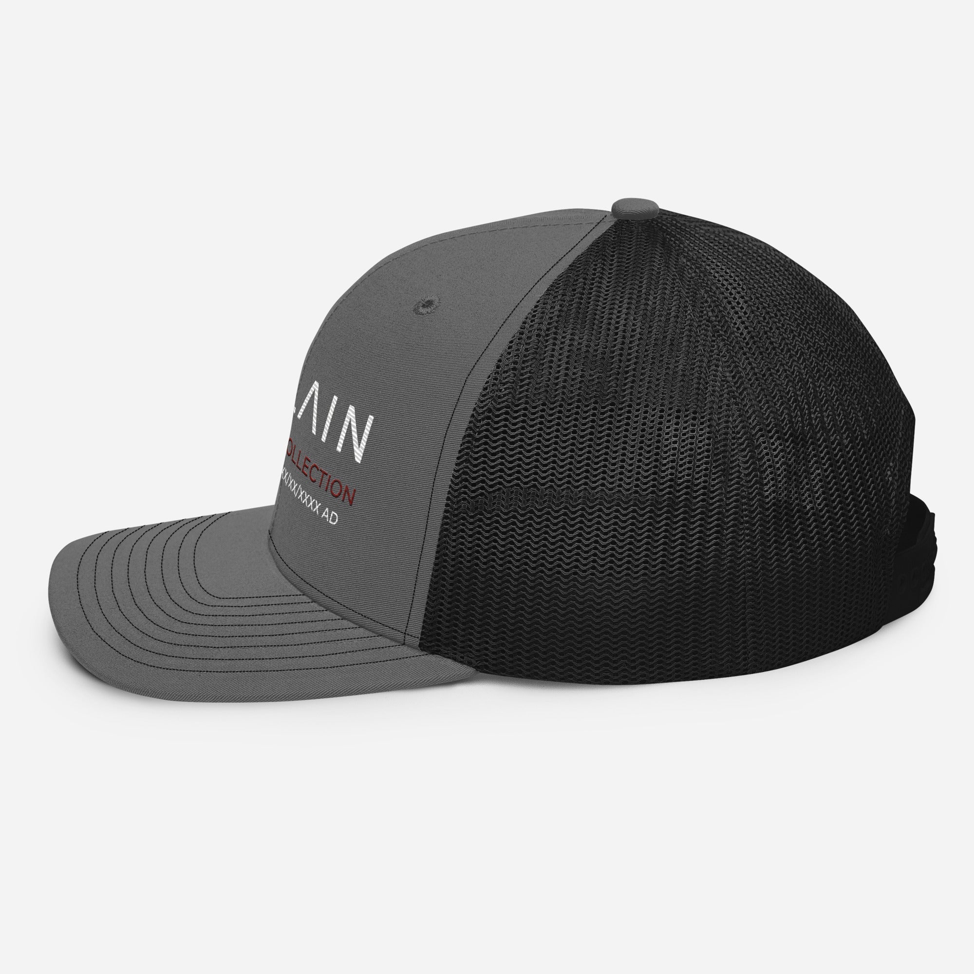 Gray and black trucker cap with mesh back and front embroidered white and red text
