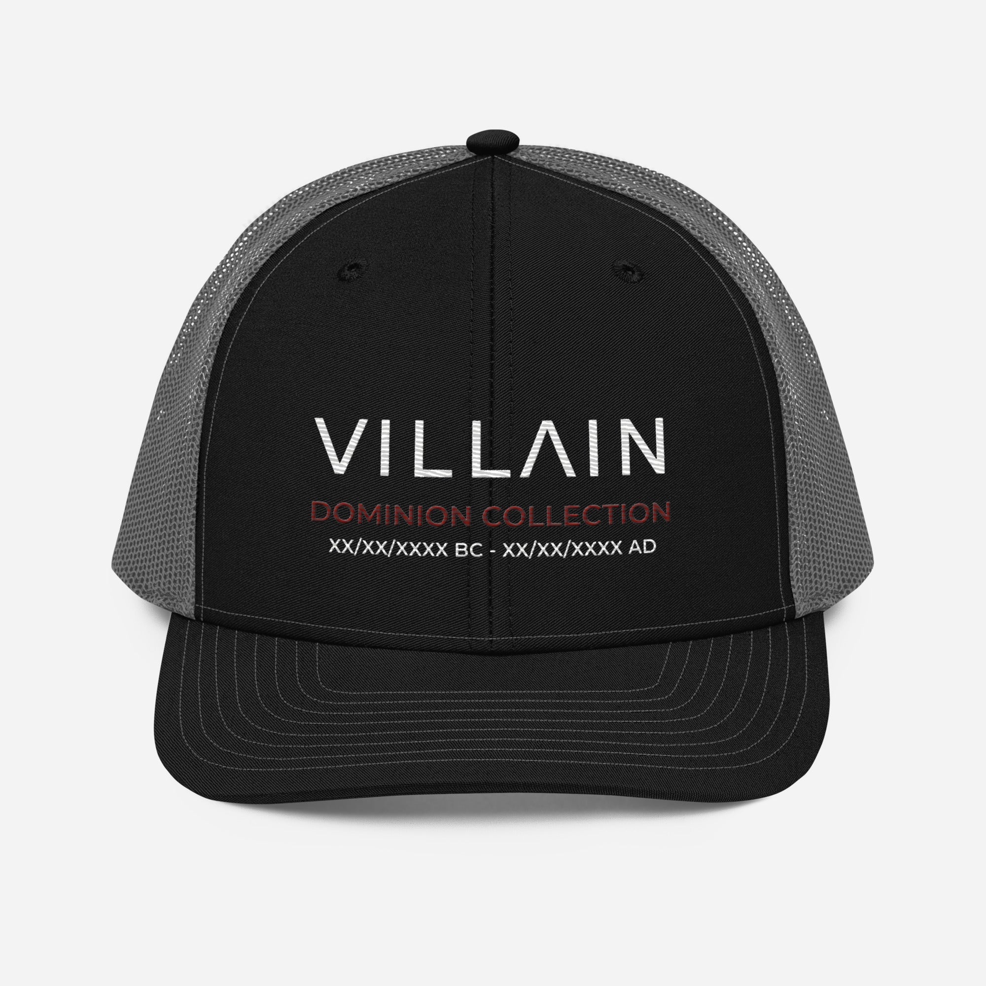 Black and gray trucker cap with 'Villain Dominion Collection' embroidered on the front.