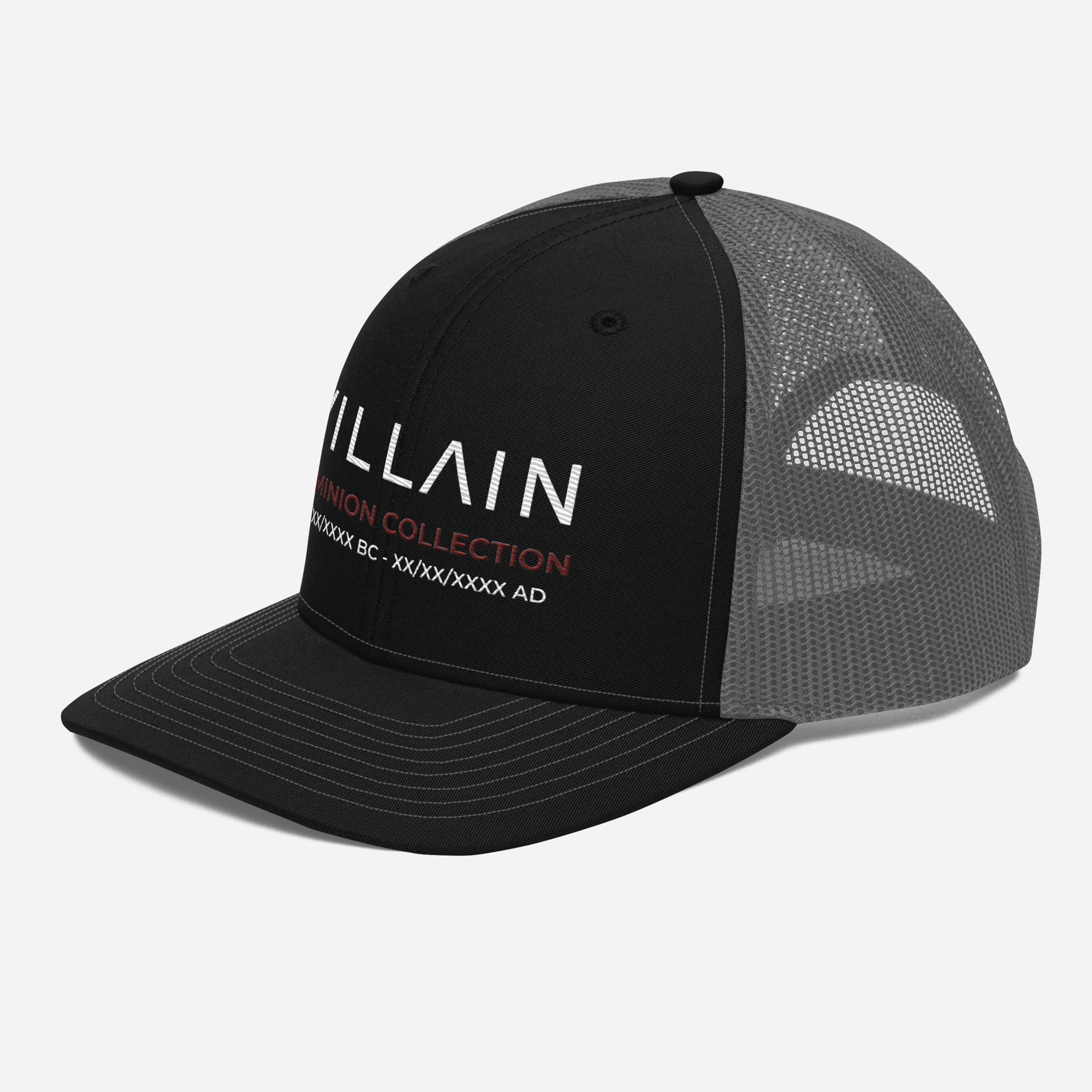 Black mesh trucker cap with "Villain Dominion Collection" embroidered on the front panel