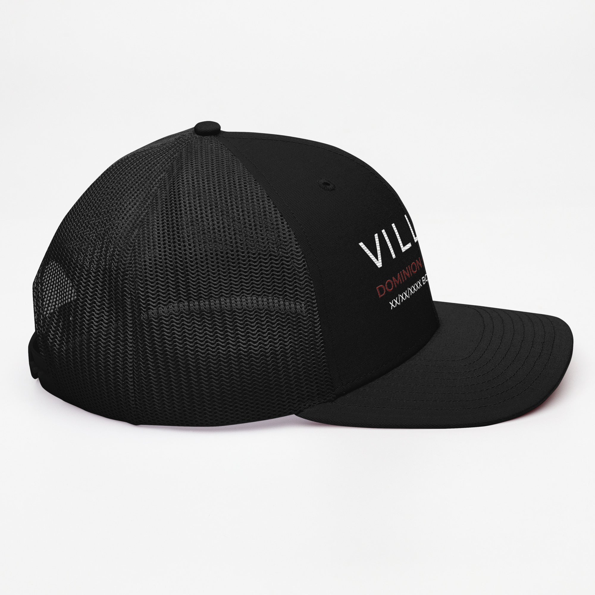 Black mesh trucker cap with curved brim and white 'VILL' and red 'DOMINION' embroidery