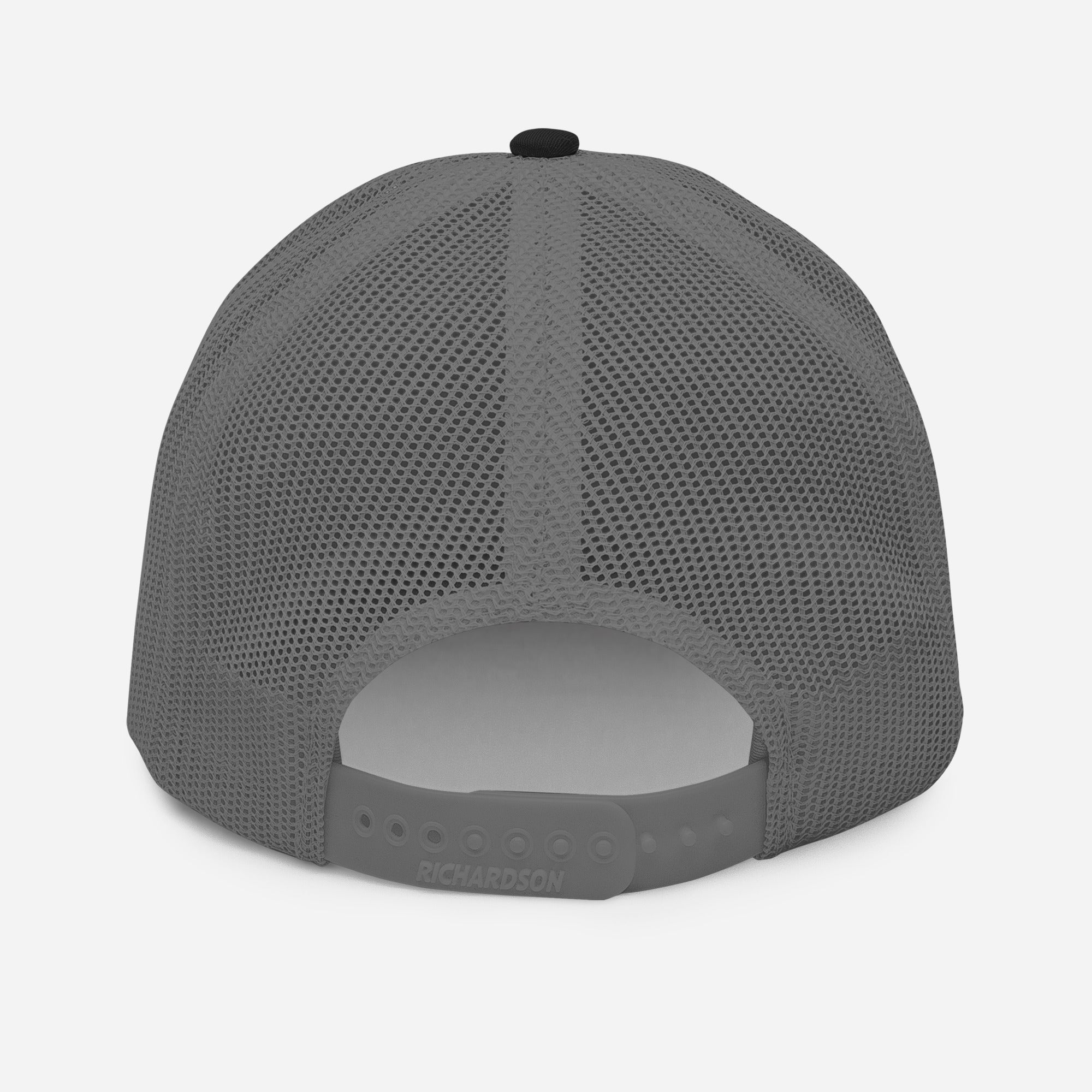 Back view of black mesh trucker cap with adjustable snapback closure and RICHARDSON label
