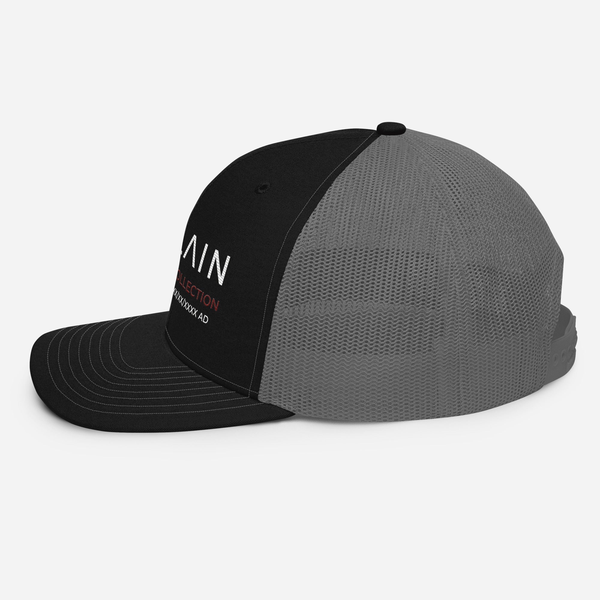 Black and gray mesh trucker cap with embroidered villain dominion collection text on side