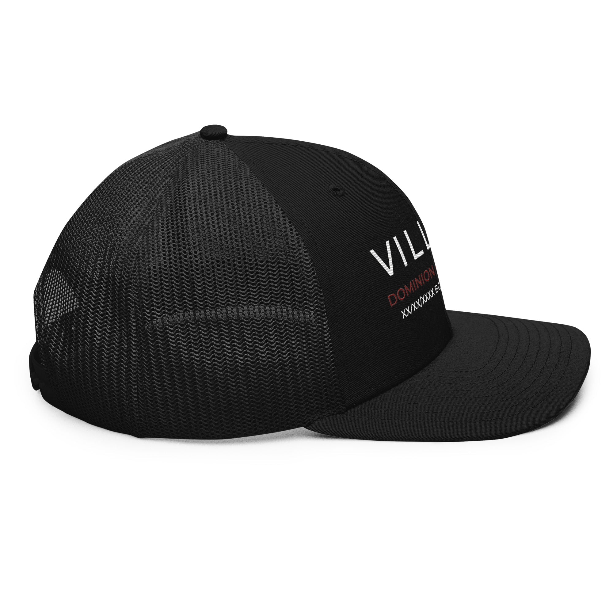 Black mesh trucker cap with embroidered VILLAIN DOMINION Collection text on front panel