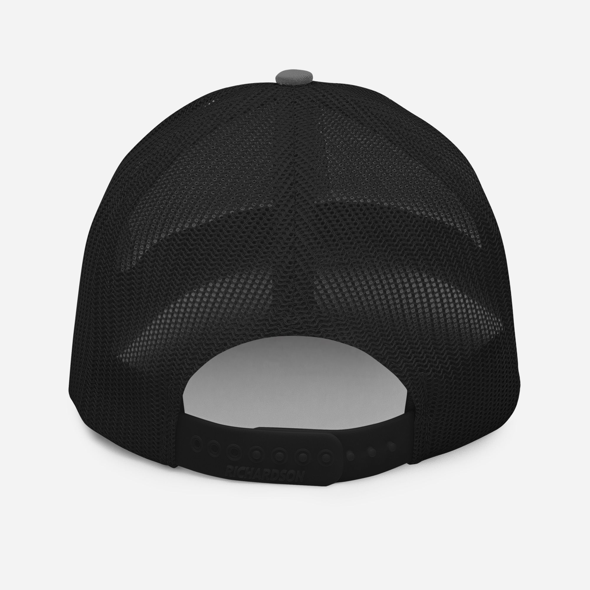 Back view of black mesh trucker cap with adjustable snapback closure