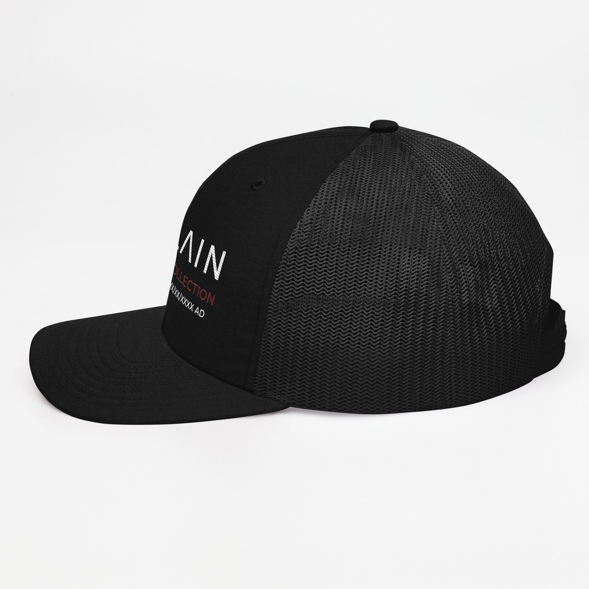 Black mesh trucker cap with white and red embroidered text, side view on white background