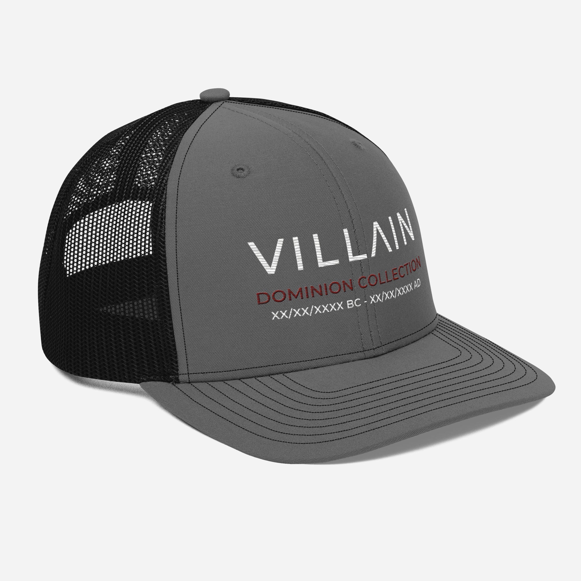Gray and black mesh trucker cap with Villain Dominion Collection embroidered on the front