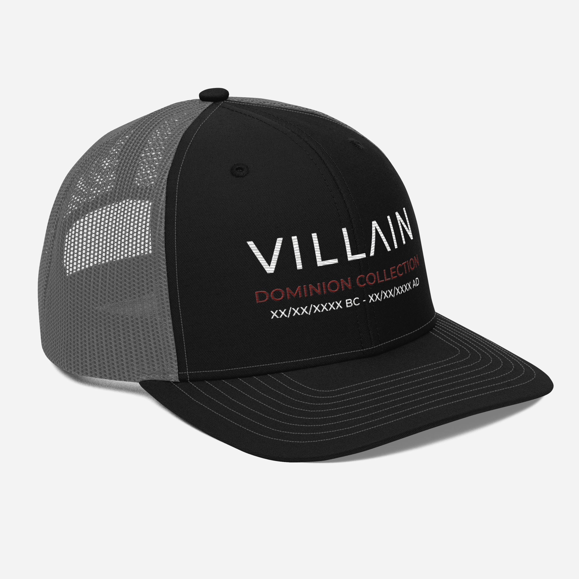 Black and gray trucker cap with mesh back, featuring VILLAIN DOMINION COLLECTION text on front.