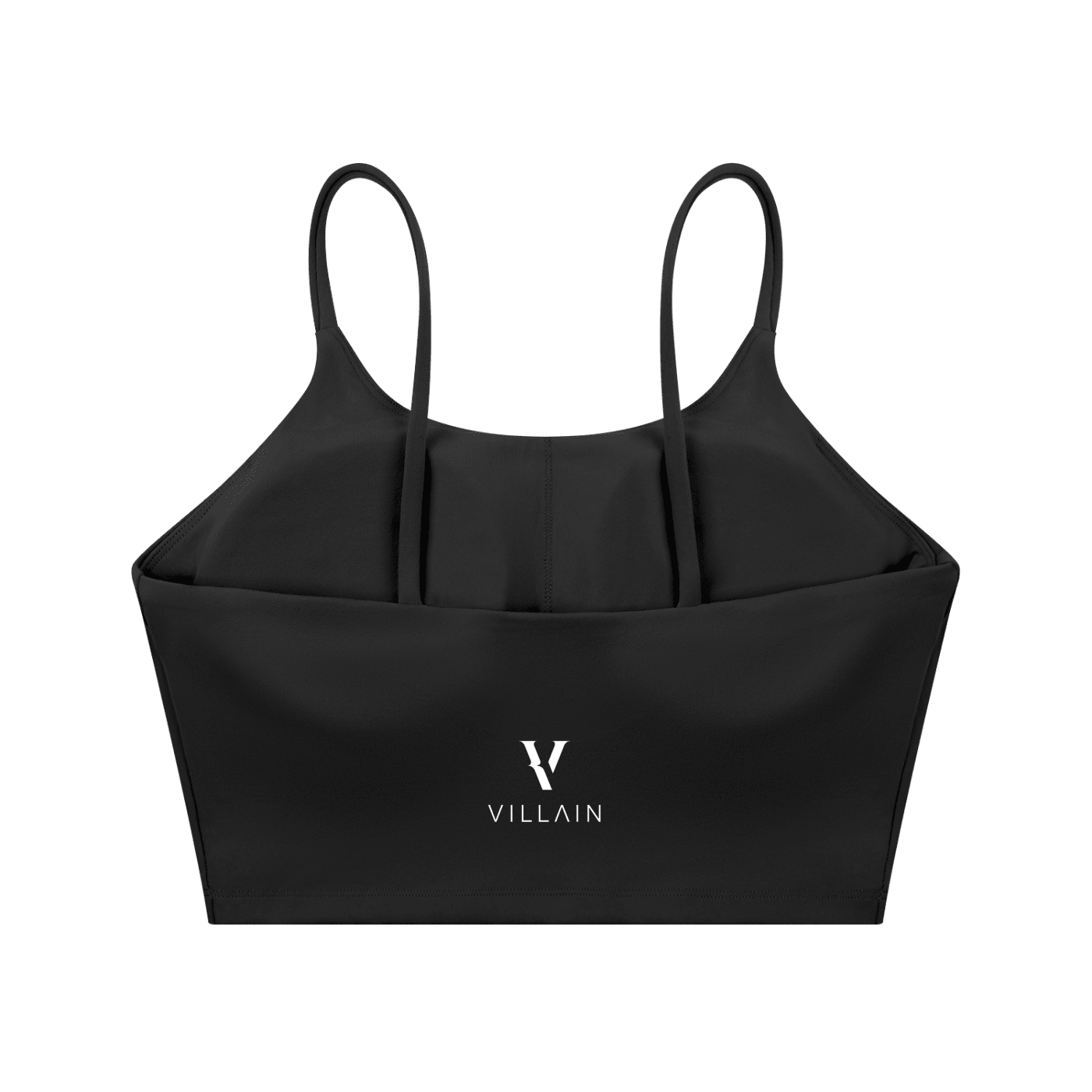 Black spaghetti strap yoga sports bra with white Villain logo and minimalist design