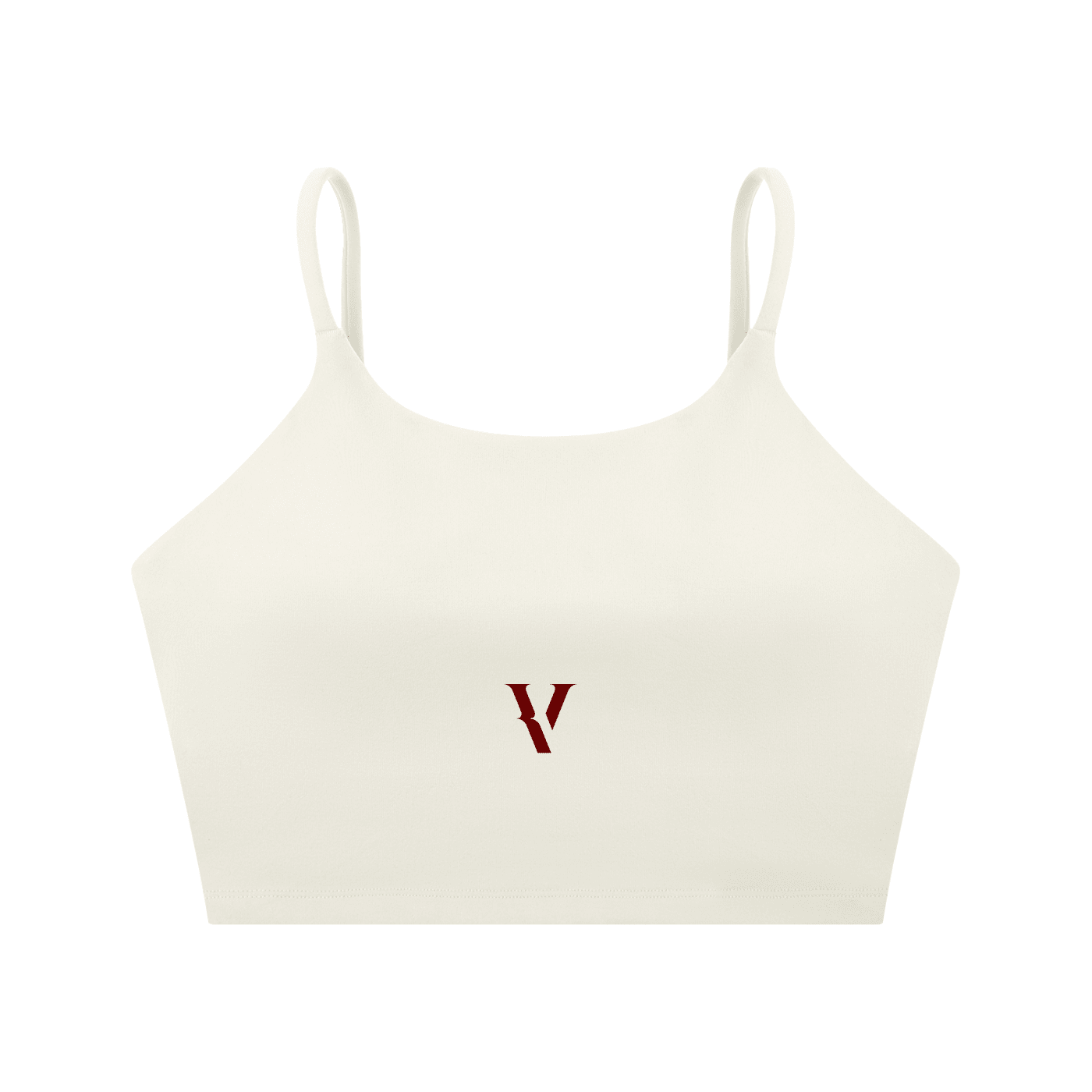 Cream spaghetti strap sports bra with minimalist maroon V logo on front