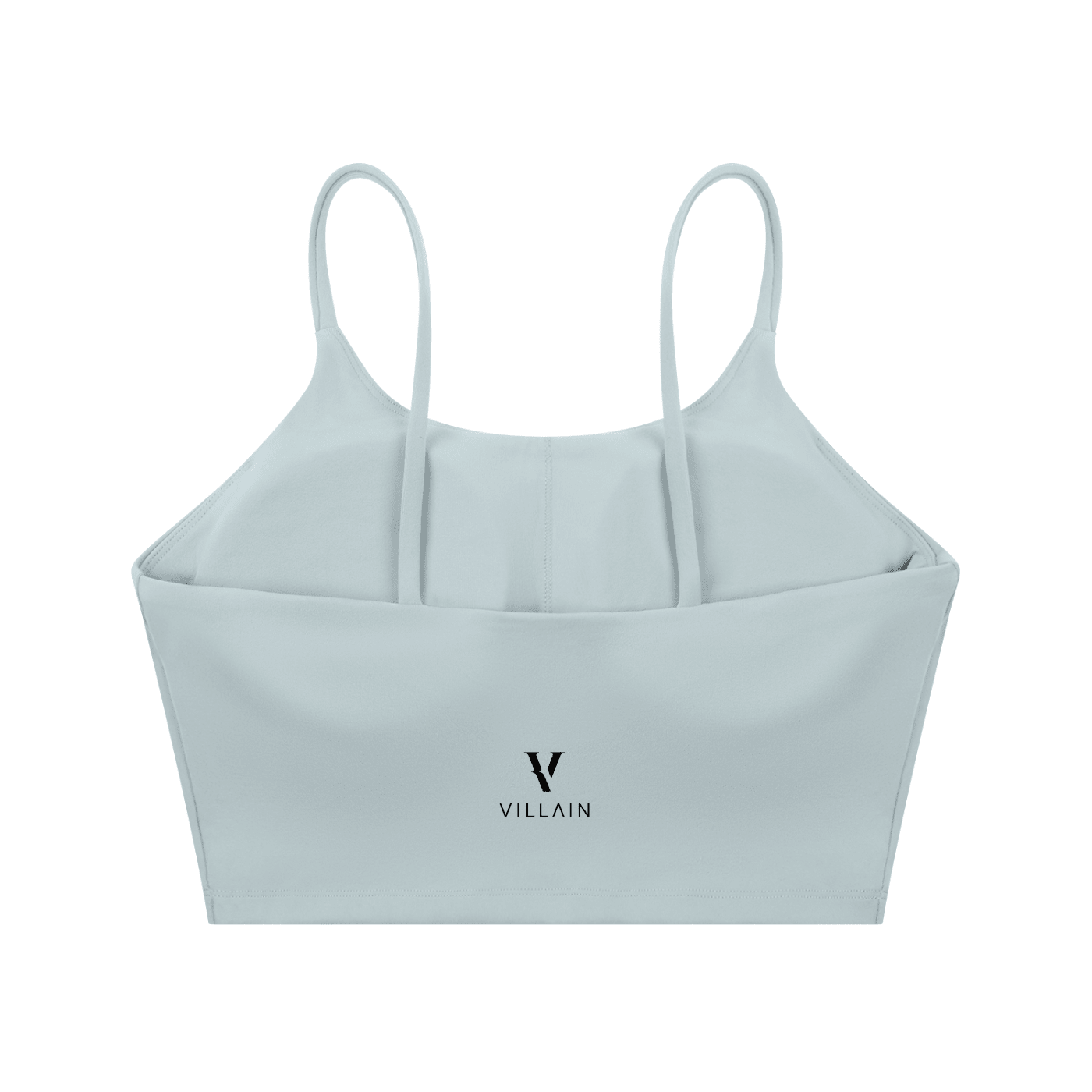 Light grey spaghetti strap yoga sports bra with VILLAIN logo on front