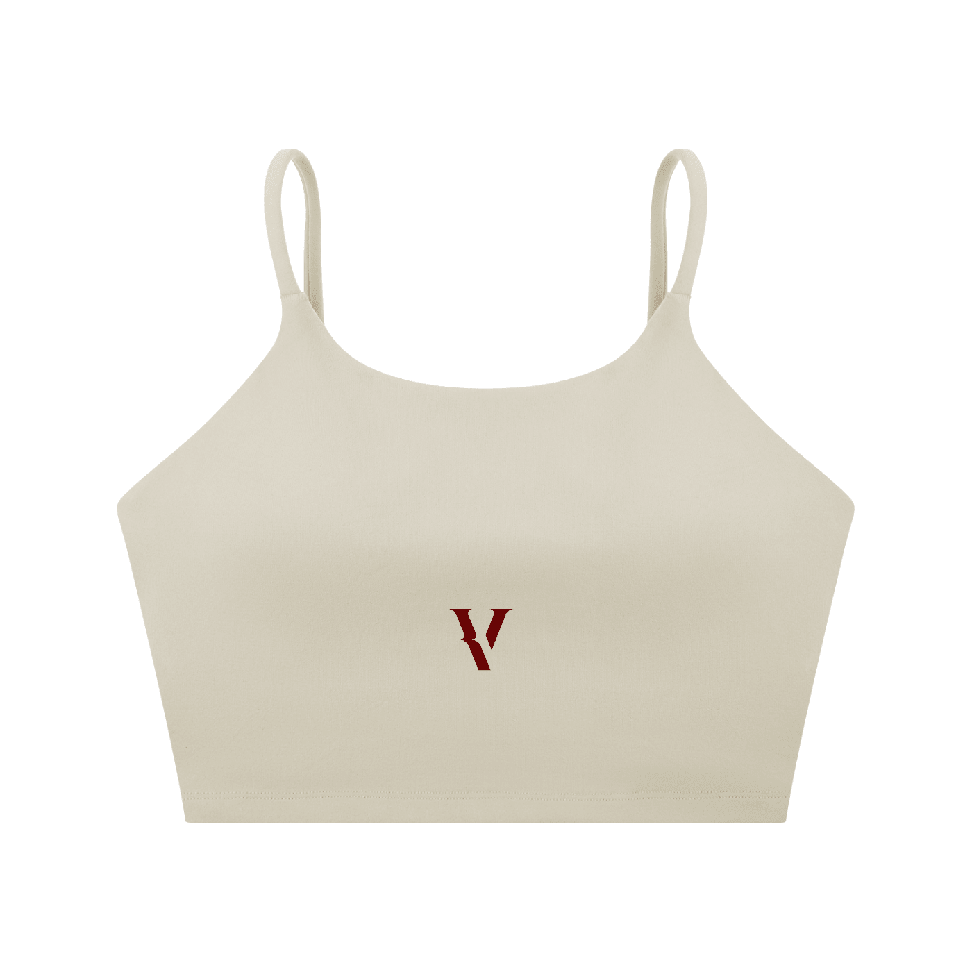 Beige spaghetti strap yoga sports bra with minimalist red V logo on front