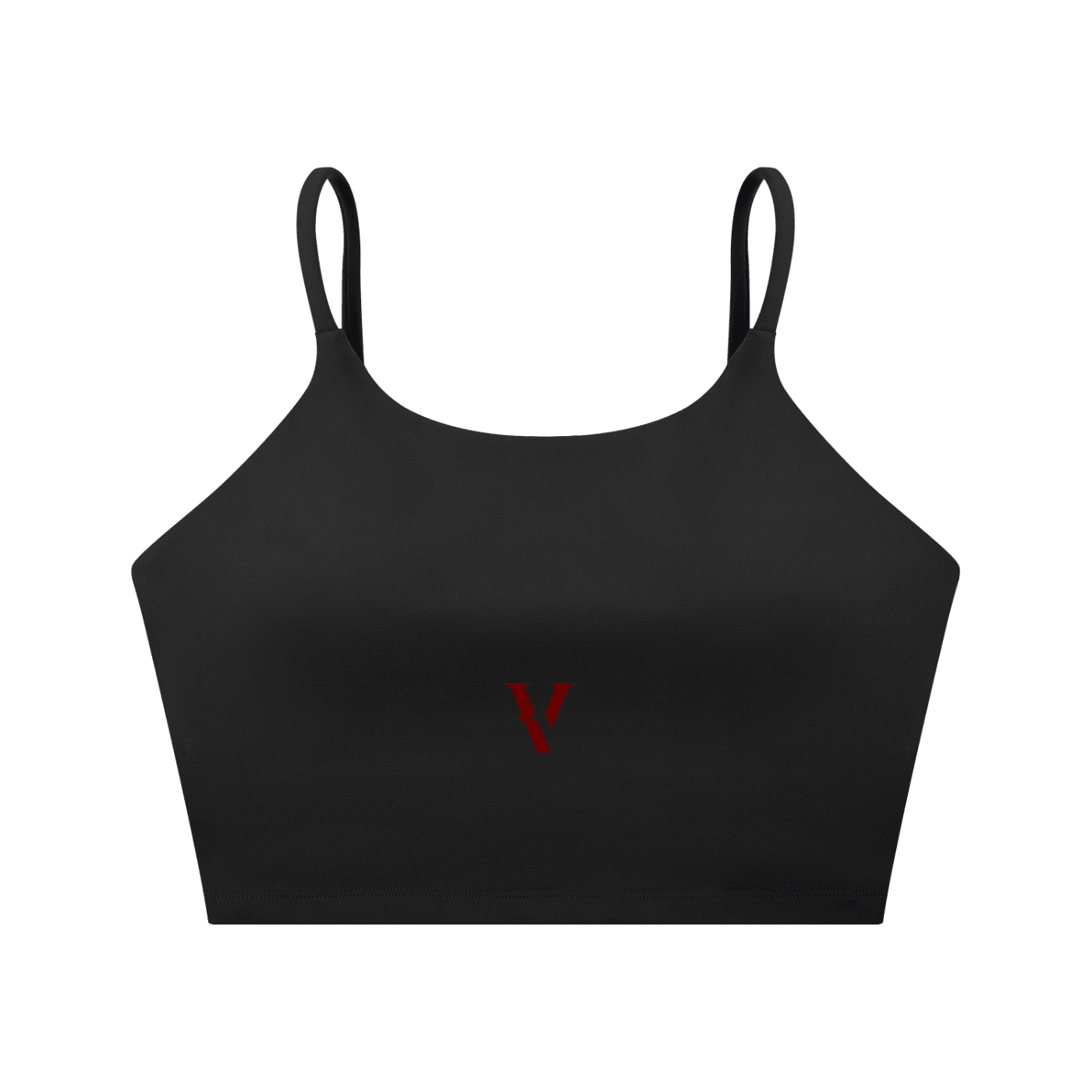 Black spaghetti strap sports bra with red V logo on front, minimalist activewear