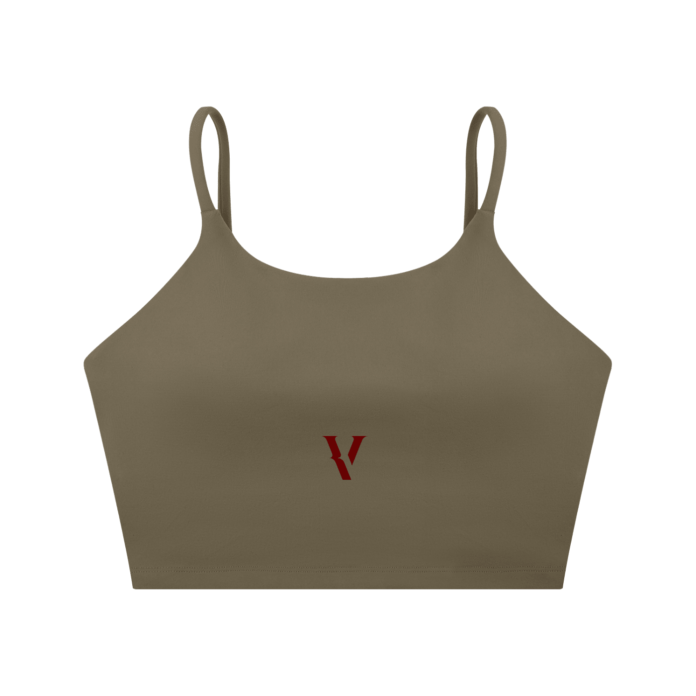 Olive green spaghetti strap sports bra with minimalist red V logo, front view