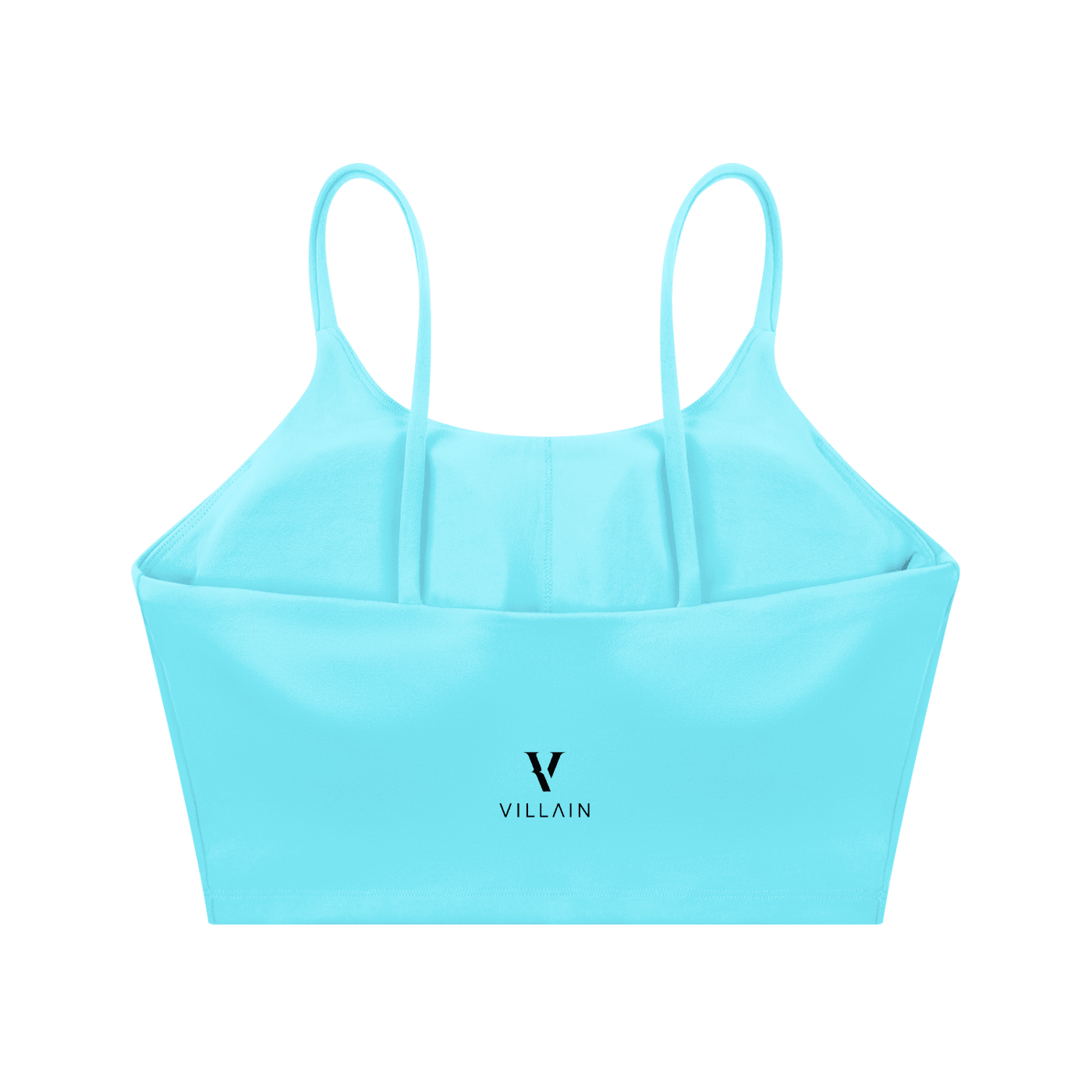 Light blue spaghetti strap yoga sports bra with 'Villain' text logo on front