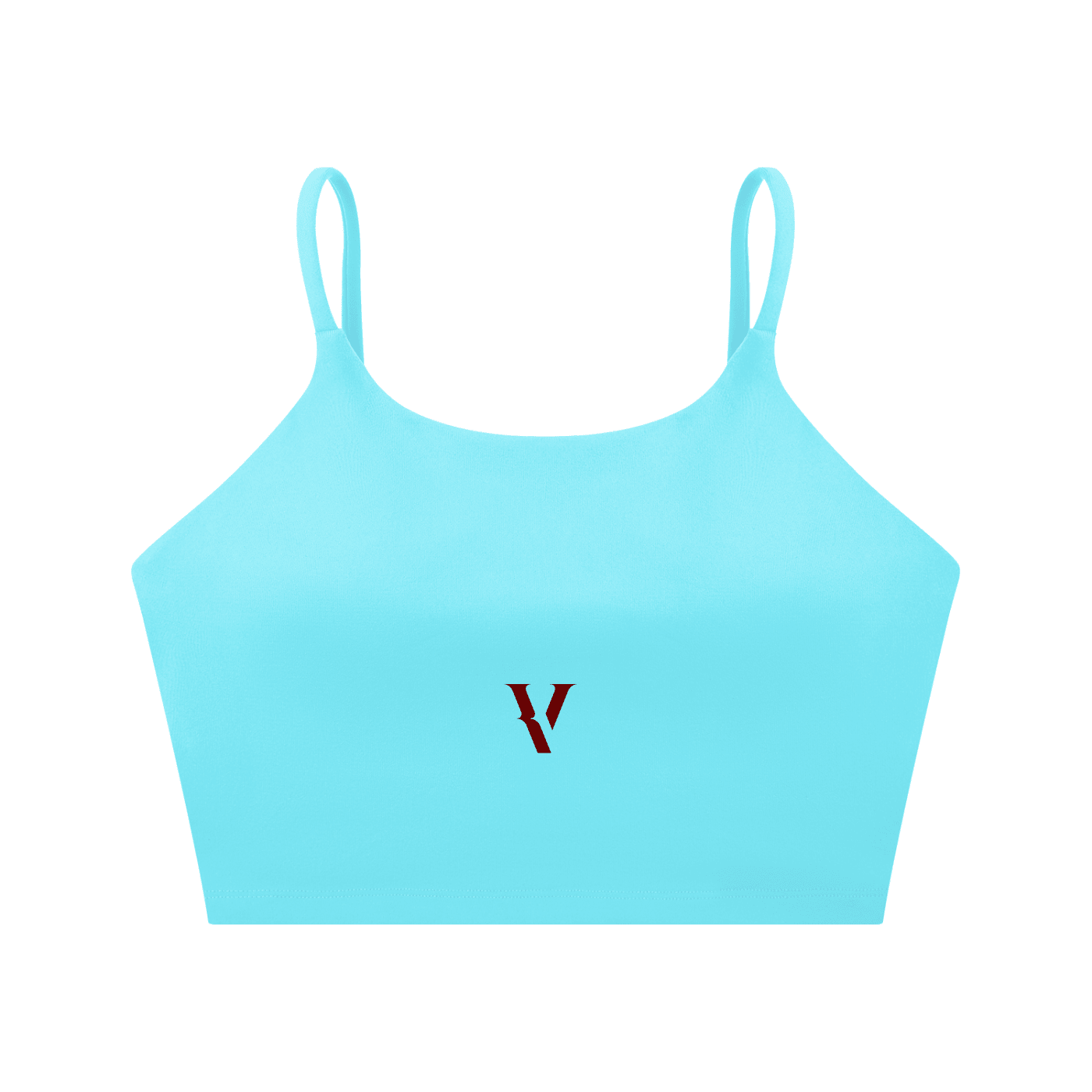 Light blue spaghetti strap yoga sports bra with minimalist red V logo on front