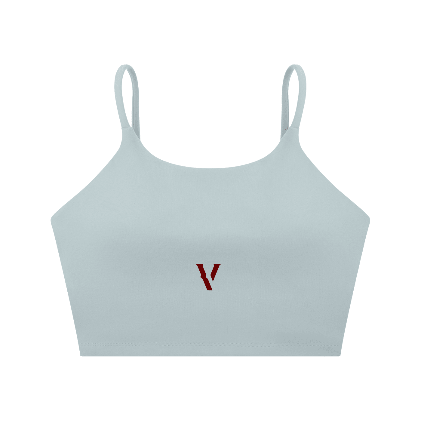 Light blue spaghetti strap yoga sports bra with small red V logo on front
