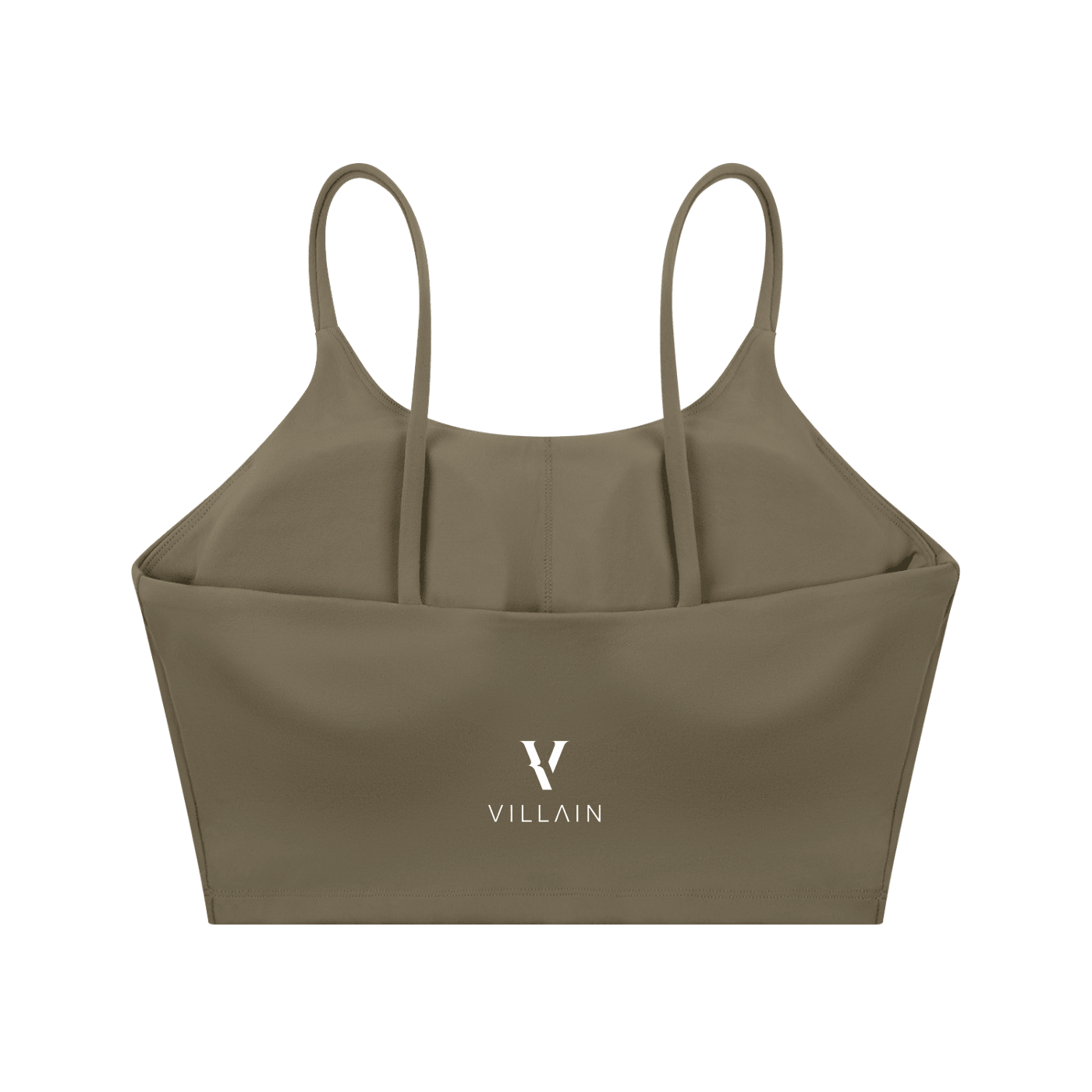 Olive green spaghetti strap yoga sports bra with Villain logo on front