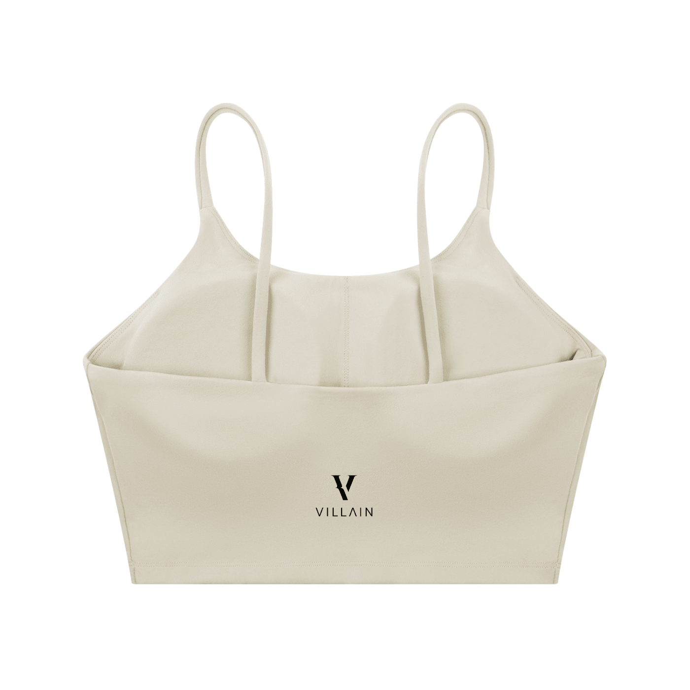 Beige spaghetti strap yoga sports bra with minimalist VILLAIN logo on front