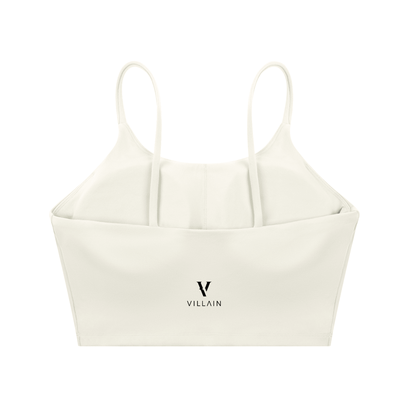 White spaghetti strap yoga sports bra with Villain logo on front, minimalist design
