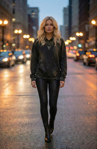 Woman wearing a black sun-fade frayed fleece hoodie and leather leggings on city street