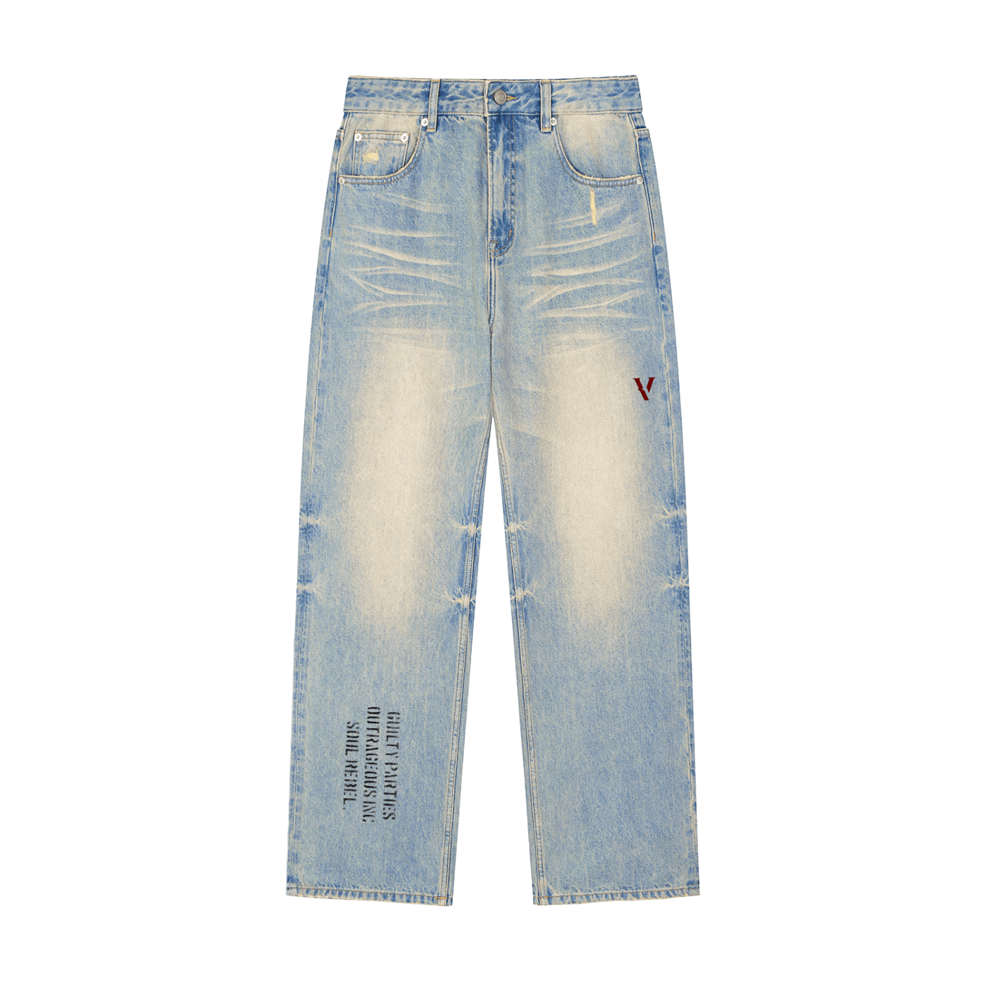 Light wash raw hem denim jeans with faded effect, wide leg, and streetwear text details.
