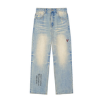 Light wash raw hem denim jeans with faded effect, wide leg, and streetwear text details.