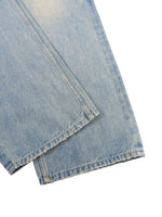Light blue raw hem denim jeans with faded wash detail, heavyweight streetwear style