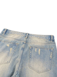 Light wash denim jeans with raw hem and distressed back pockets, streetwear style