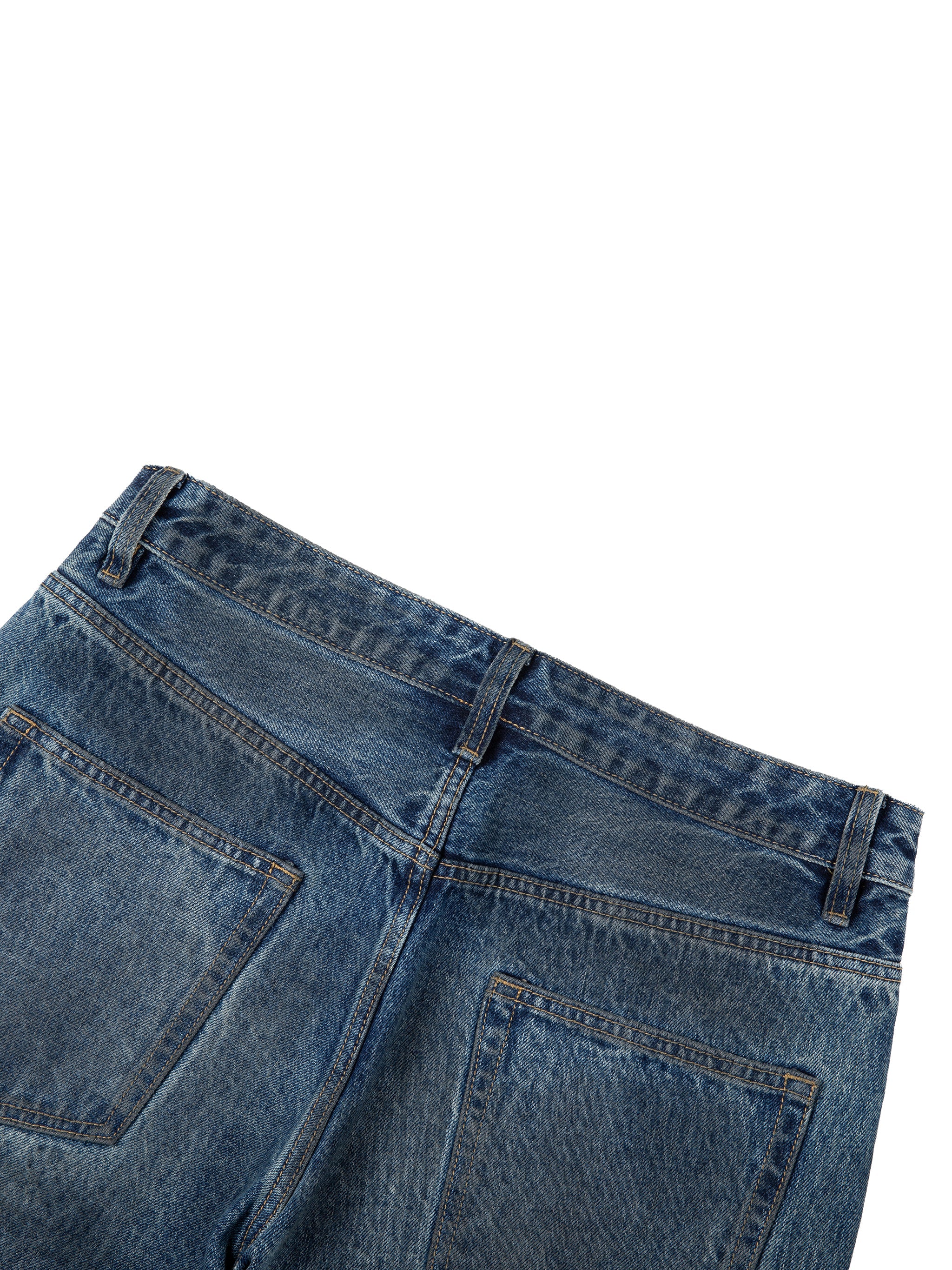 Back view of vintage wash baggy denim jeans with dual rear pockets and belt loops