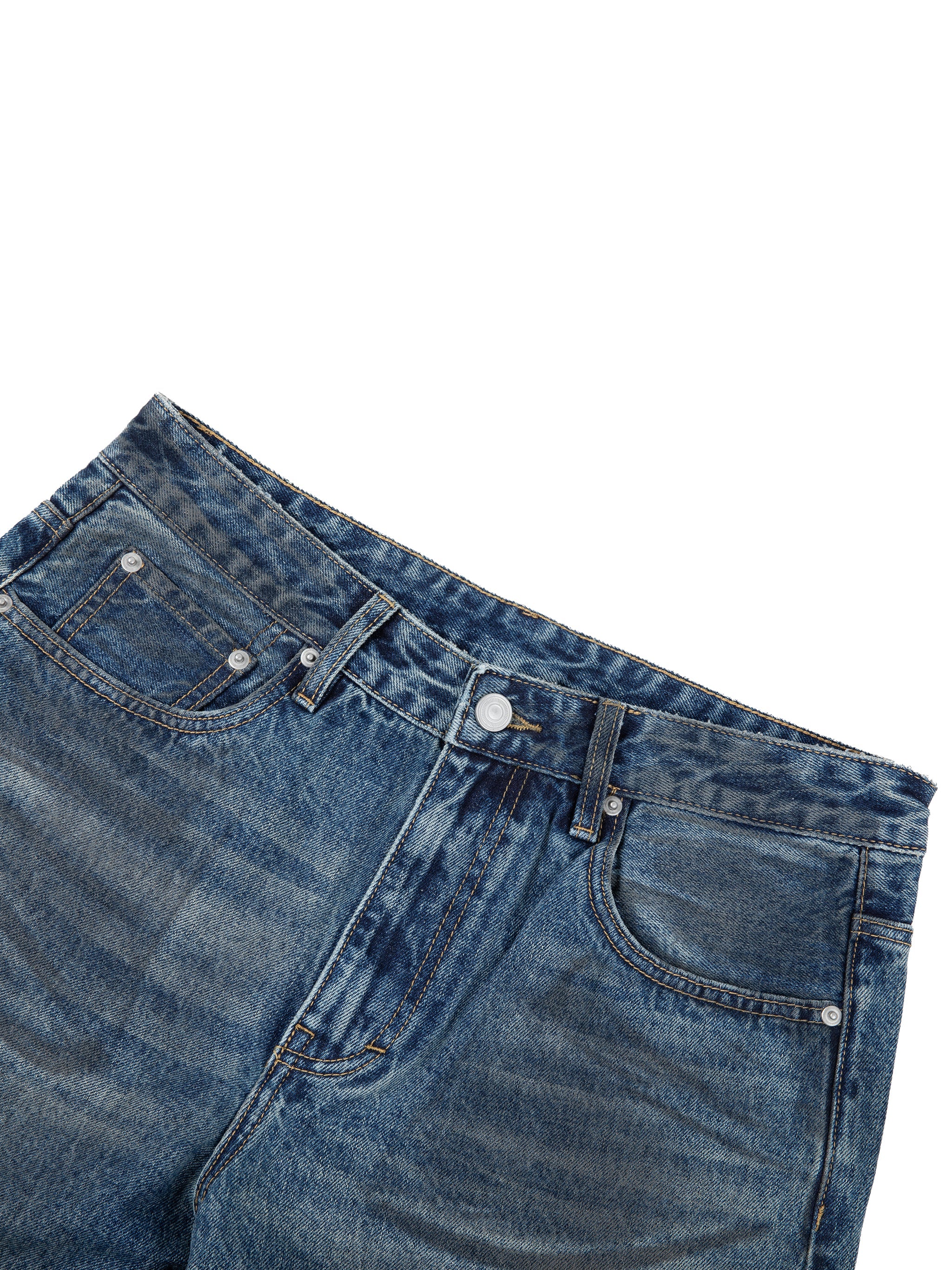 Vintage wash baggy denim jeans with classic five-pocket styling on white background.