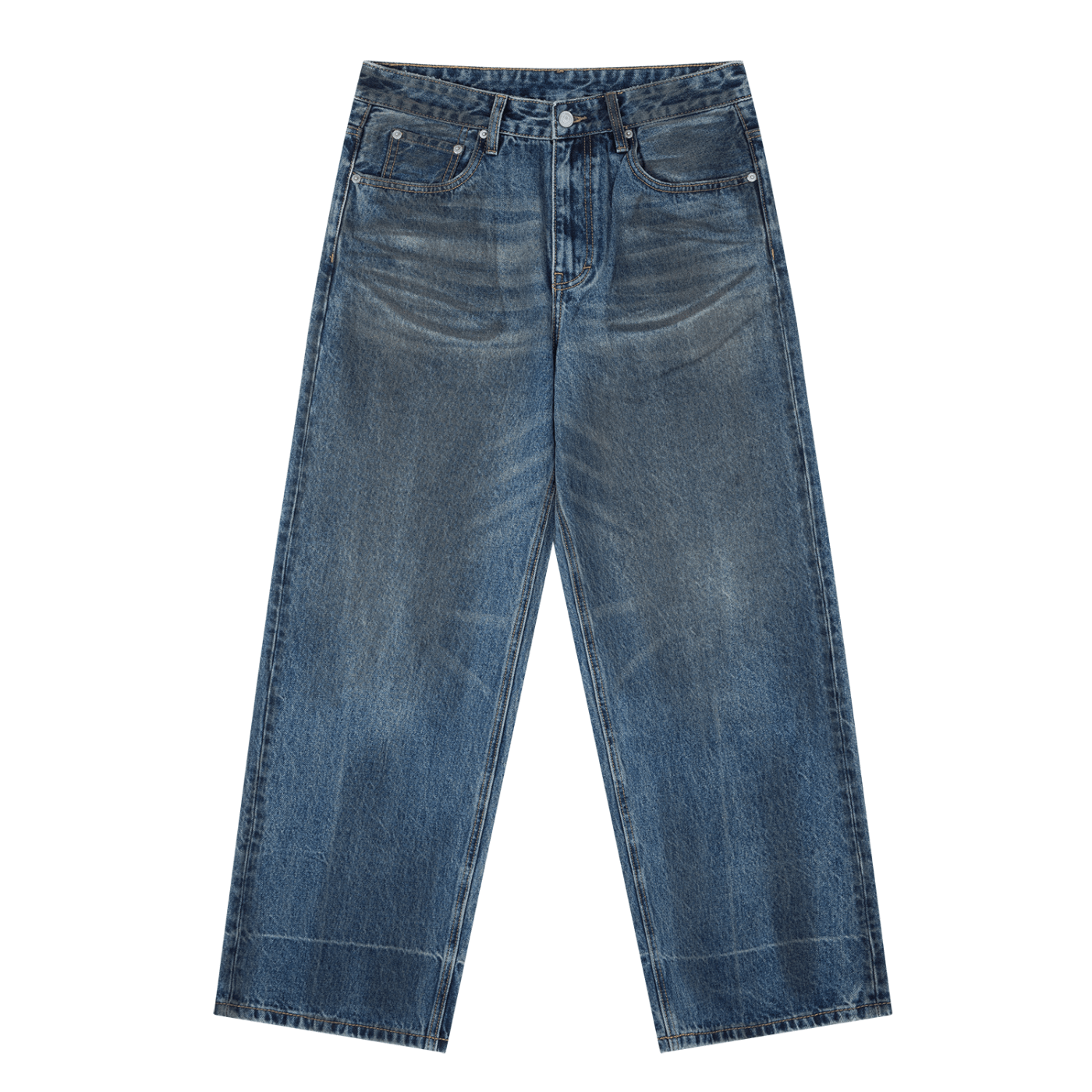 Vintage wash baggy denim jeans with wide leg and classic five-pocket design
