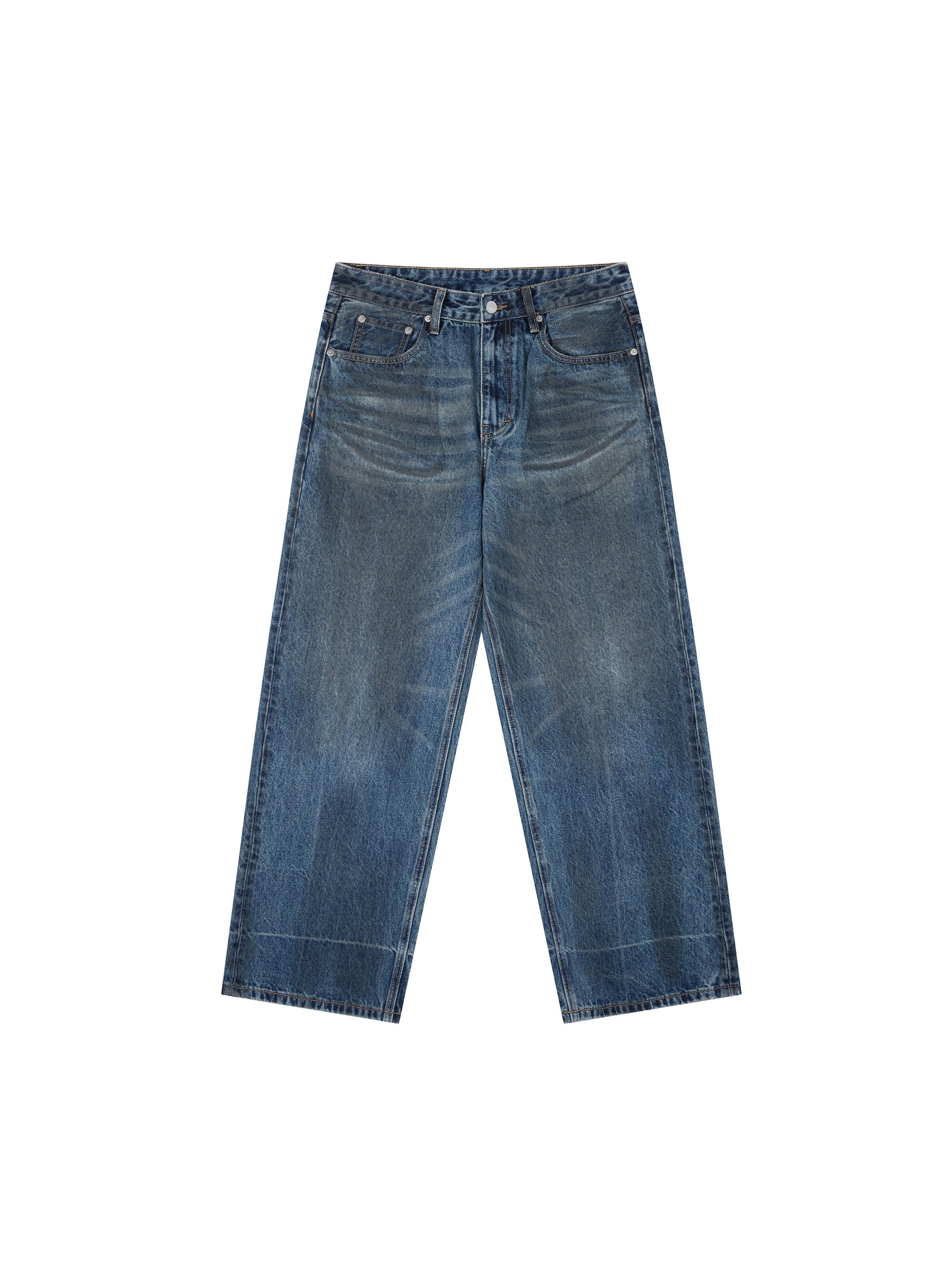 Vintage wash baggy denim jeans with wide leg and five-pocket design on white background