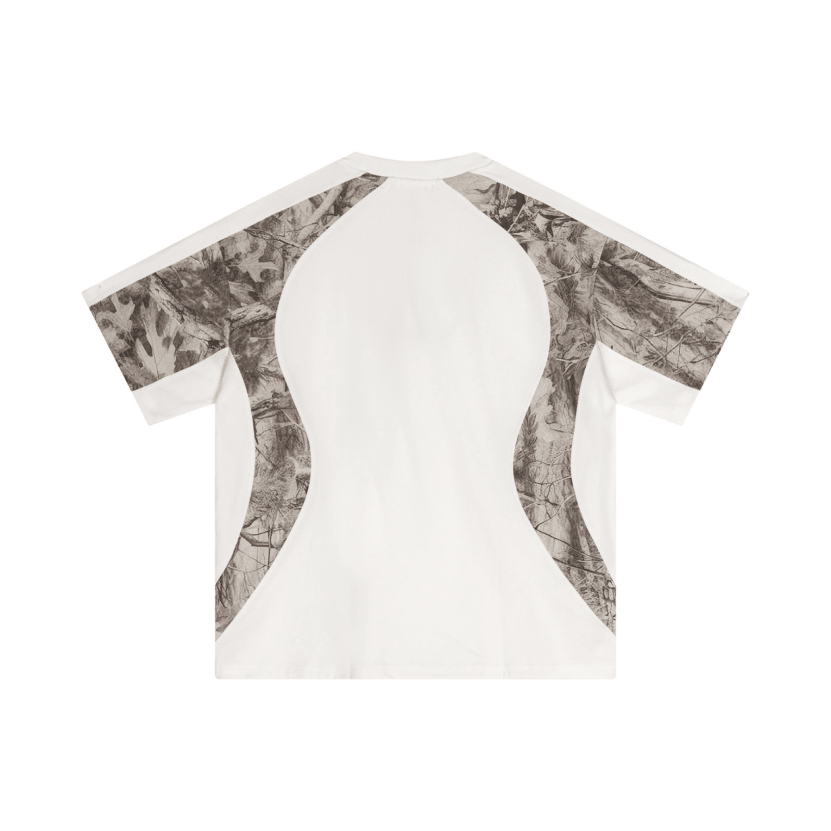Men's white T-shirt with grey camouflage structured panels on sleeves and sides, back view