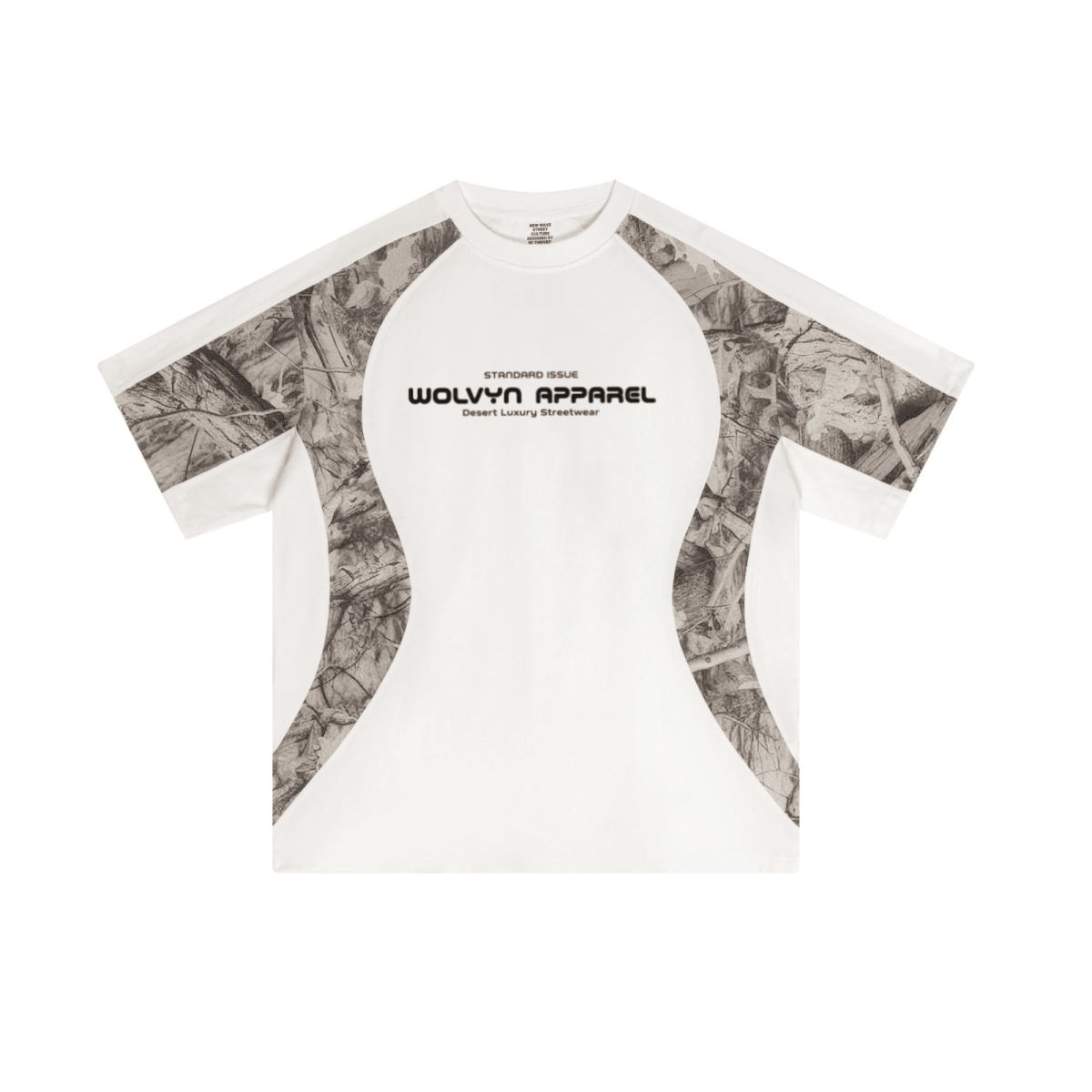 Men's white structured panelled t-shirt with camouflage accents and bold chest text