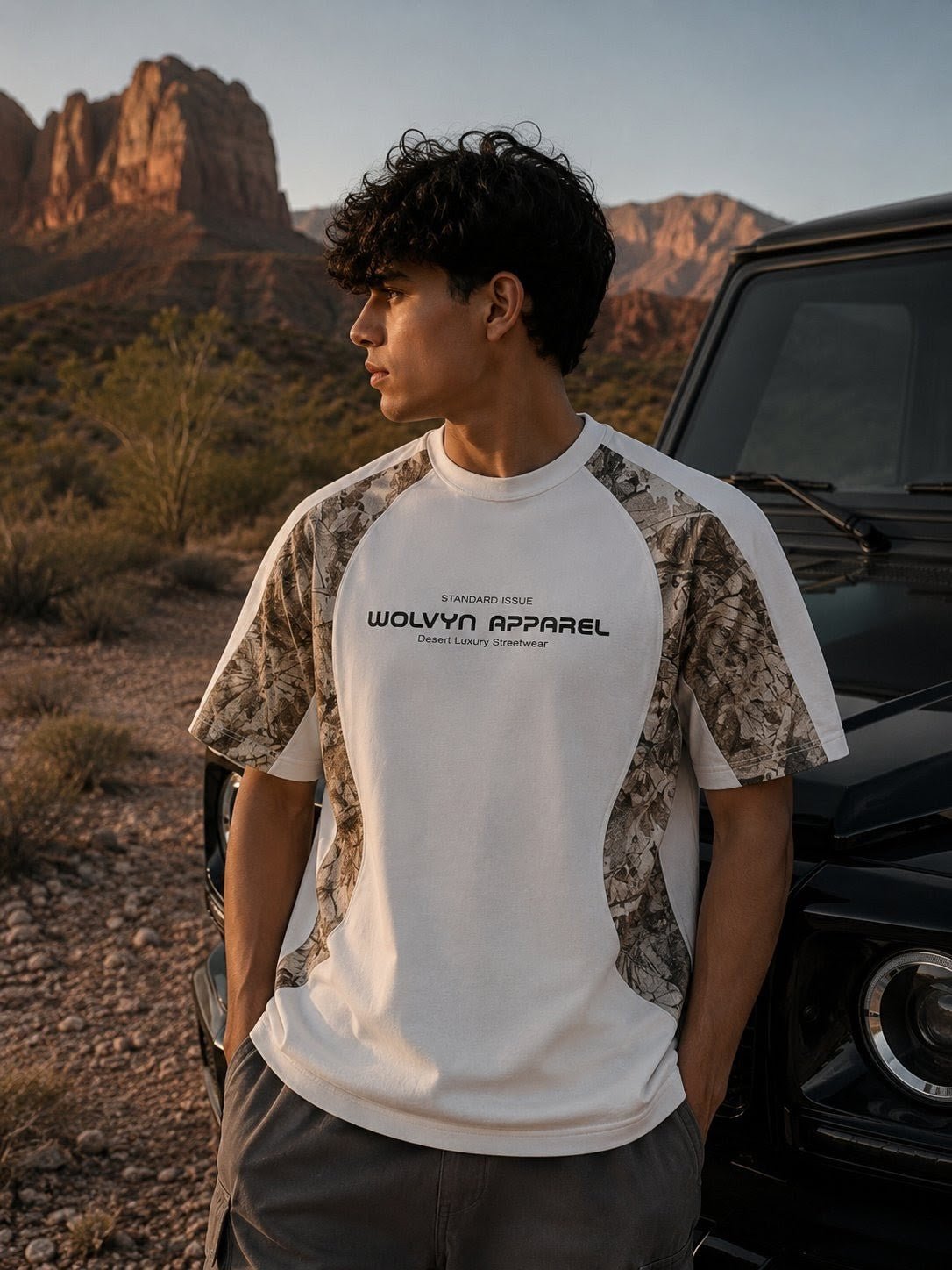 Man wearing white and camo streetwear t-shirt outdoors by SUV, desert mountains in background