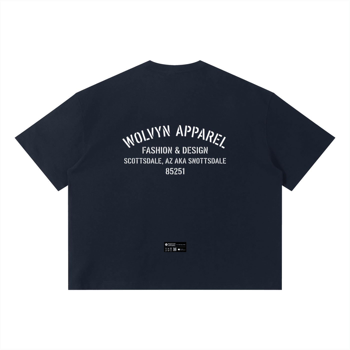 Dark boxy unisex t-shirt with white back graphic text and streetwear design details.