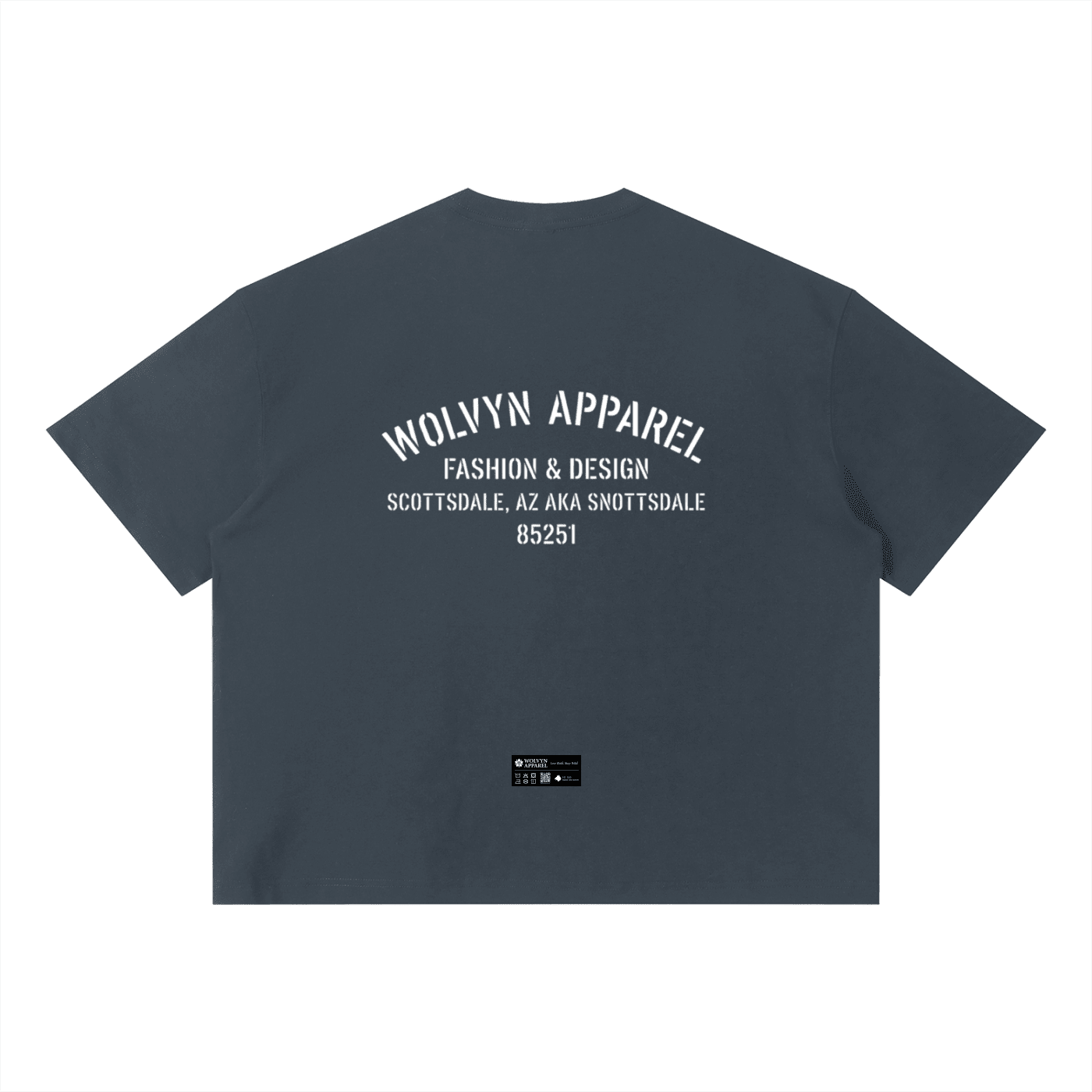 Dark gray unisex boxy T-shirt with bold white back print text and minimalist design.